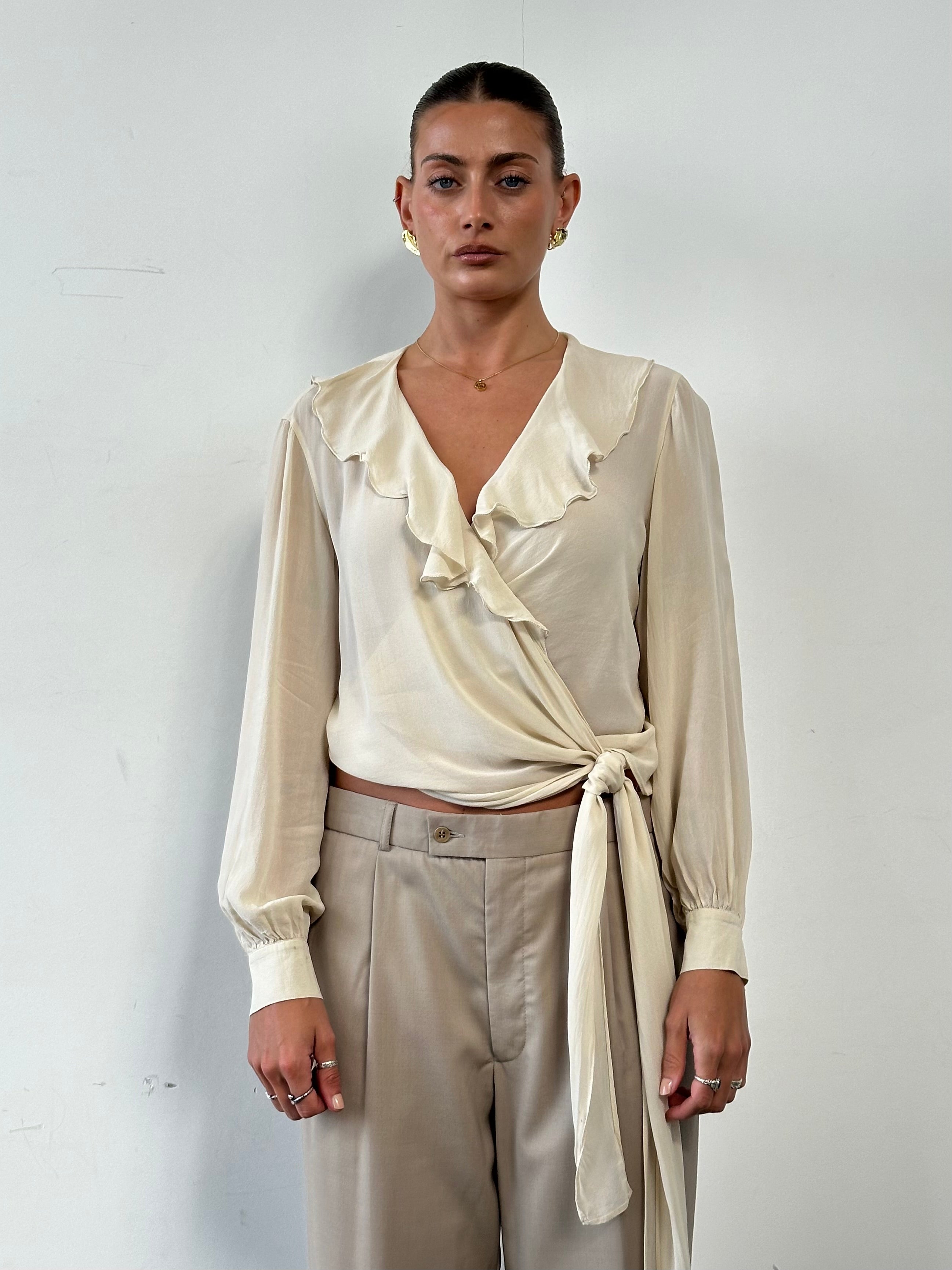 Max Mara pure silk frill wrap blouse in size large, featuring elegant ruffle details and a sophisticated design.