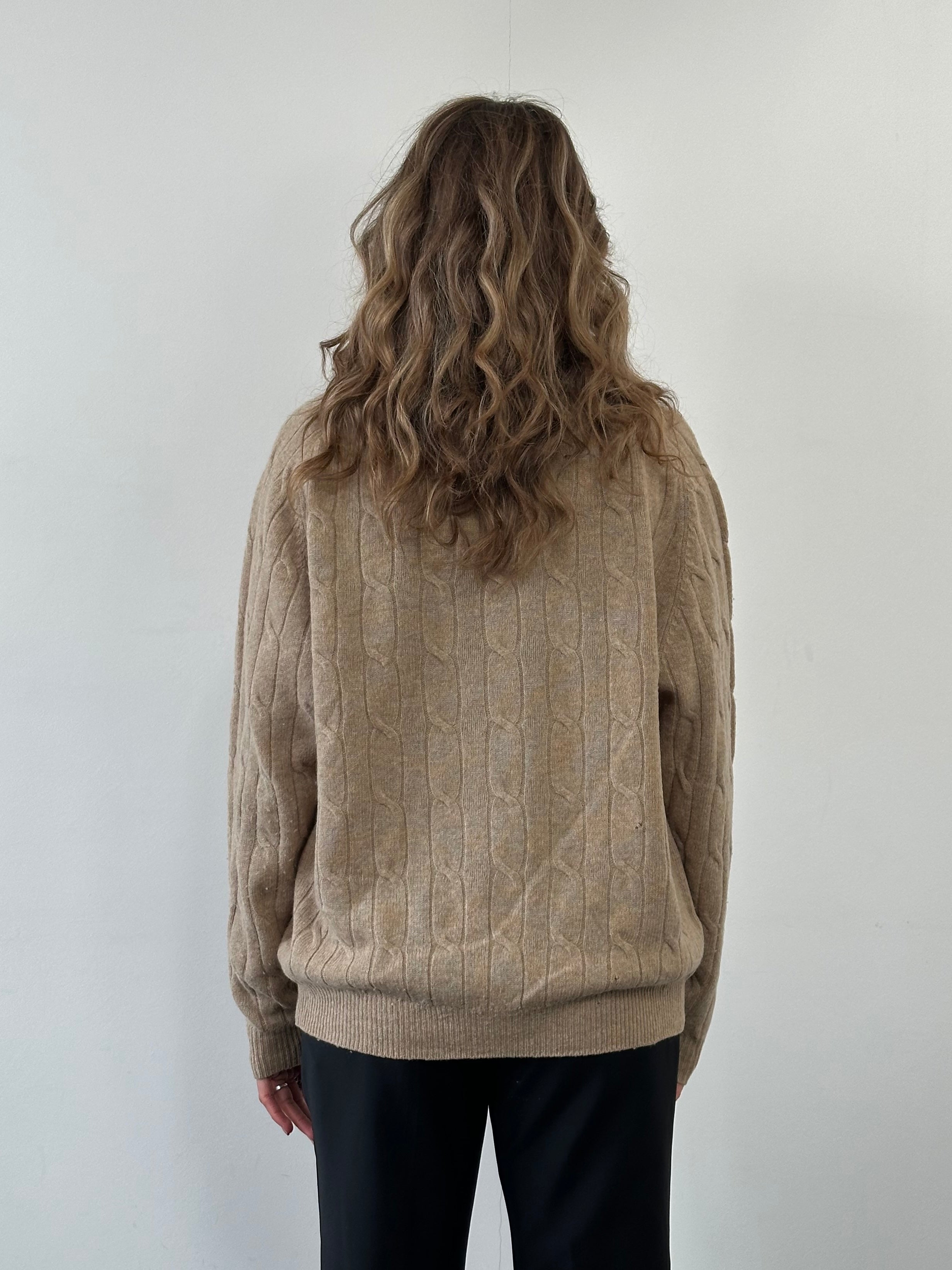 Trussardi pure wool cable knit jumper in size L with logo detail, featuring a cozy, textured design and classic crew neck style.