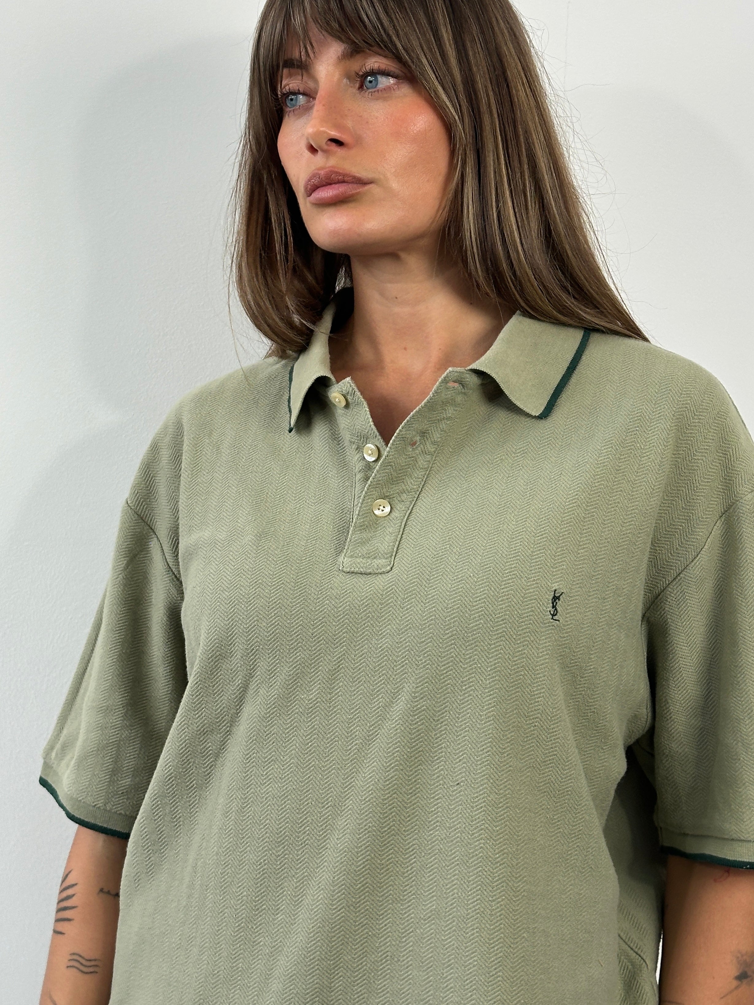 Yves Saint Laurent 1990s pure cotton logo polo shirt in XL, featuring a classic collar and iconic branding on the chest.