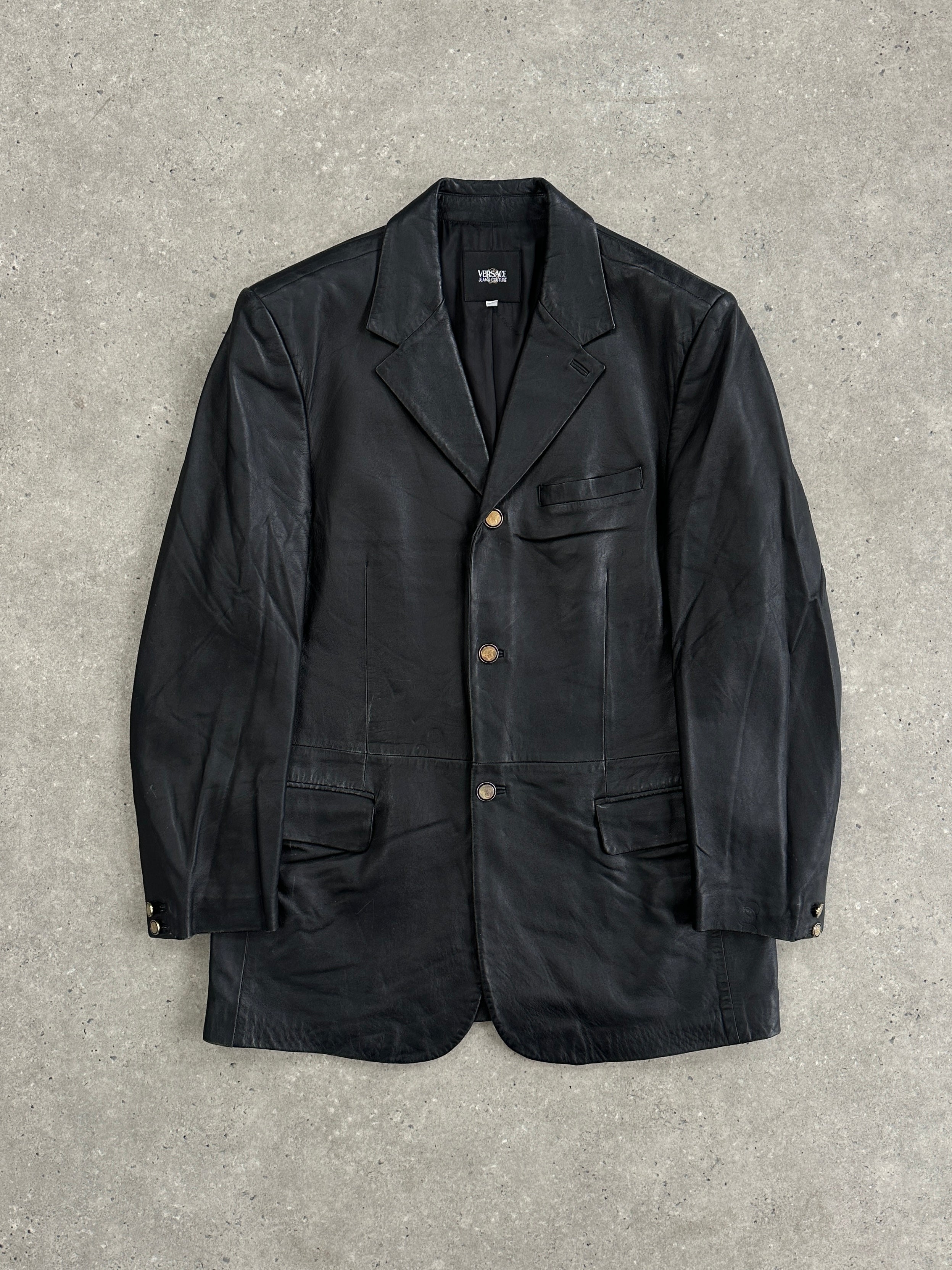 Versace Jeans Couture bespoke leather blazer jacket in XL, featuring classic button details and premium leather material.