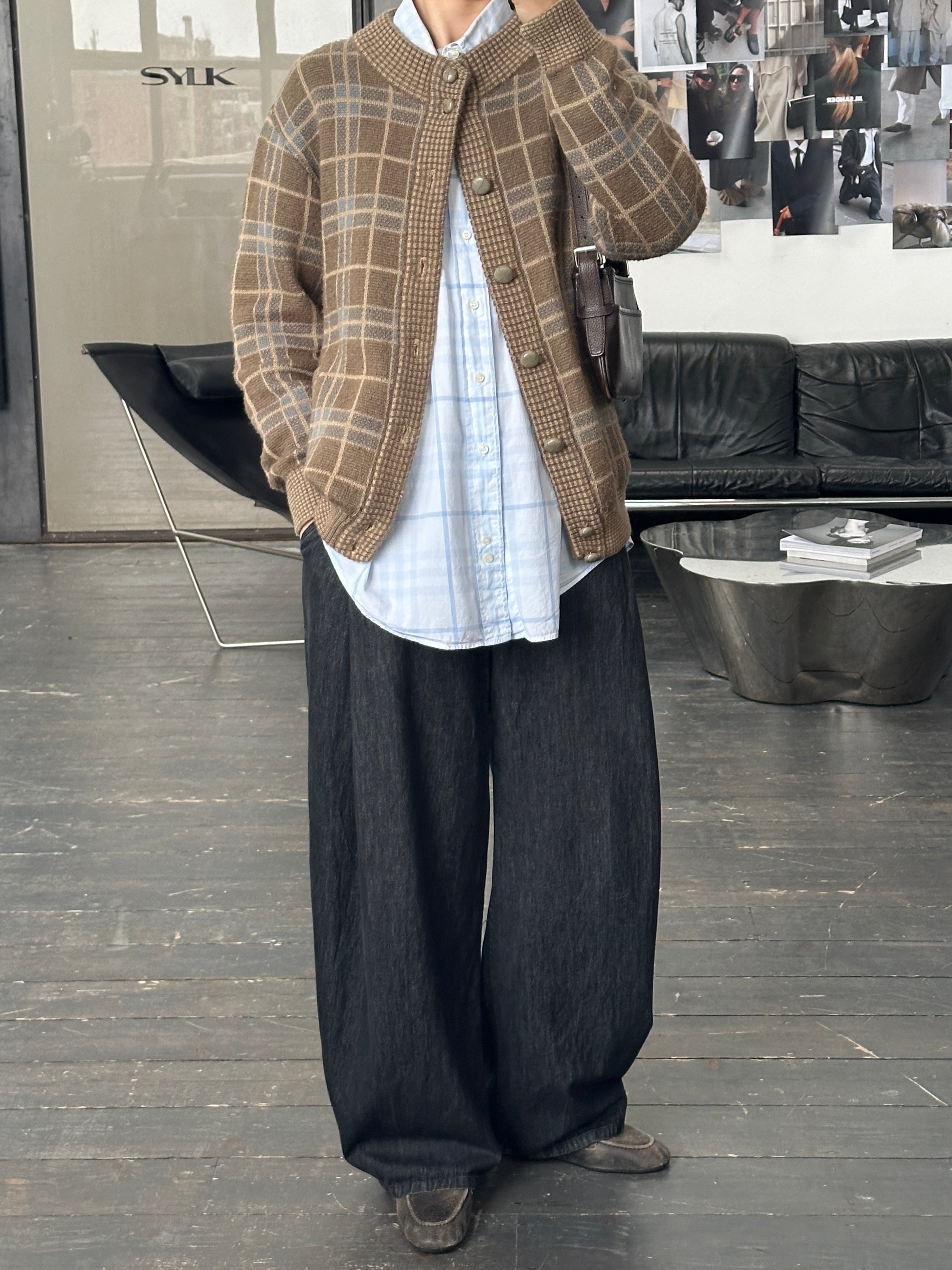 Vintage 1990s Italian wool check cardigan in XL, featuring classic plaid pattern and cozy knit texture.