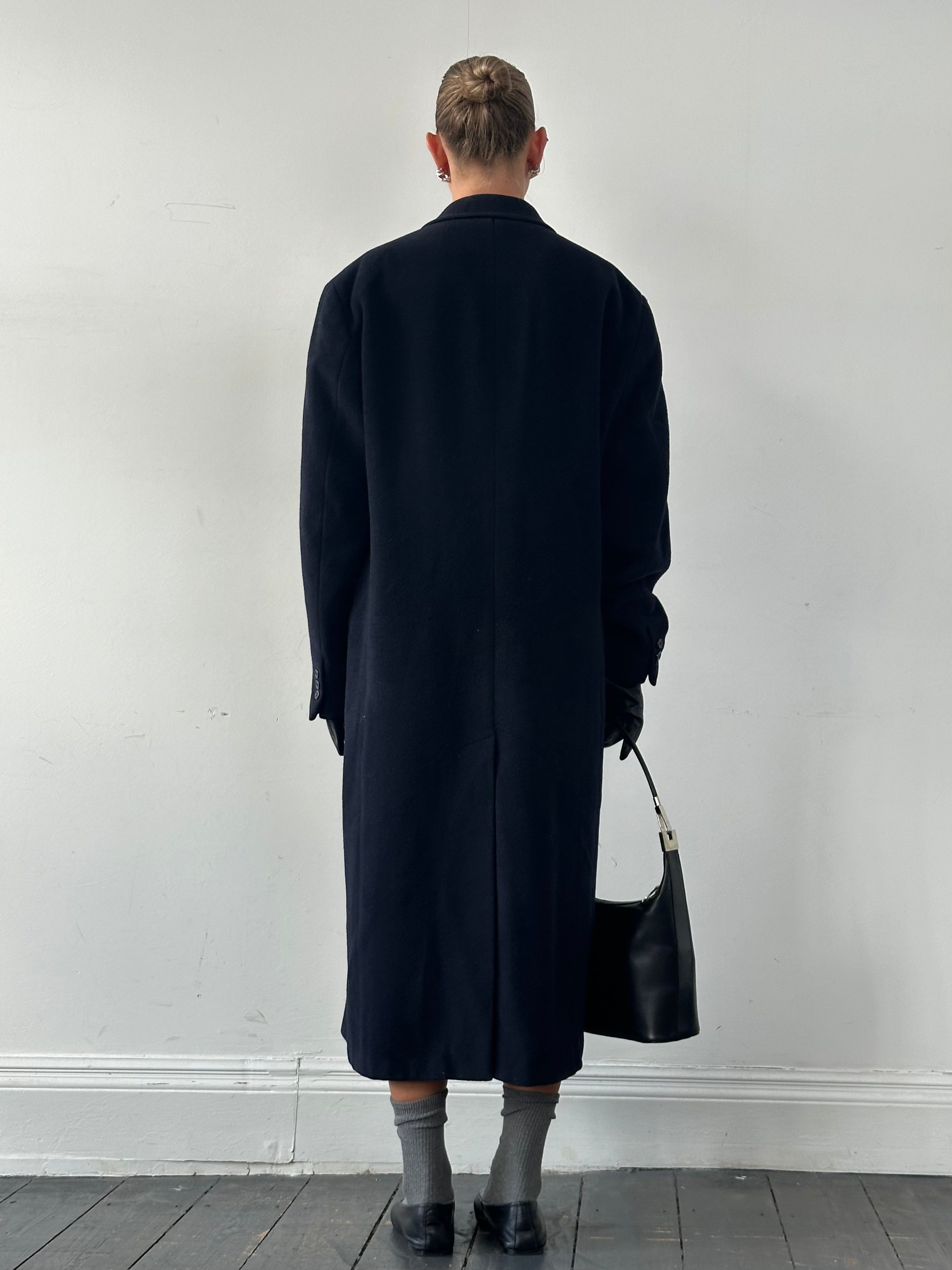 Emporio Armani wool cashmere double-breasted coat in XL/XXL, showing a stylish dark-colored coat with classic lapels and tailored fit.