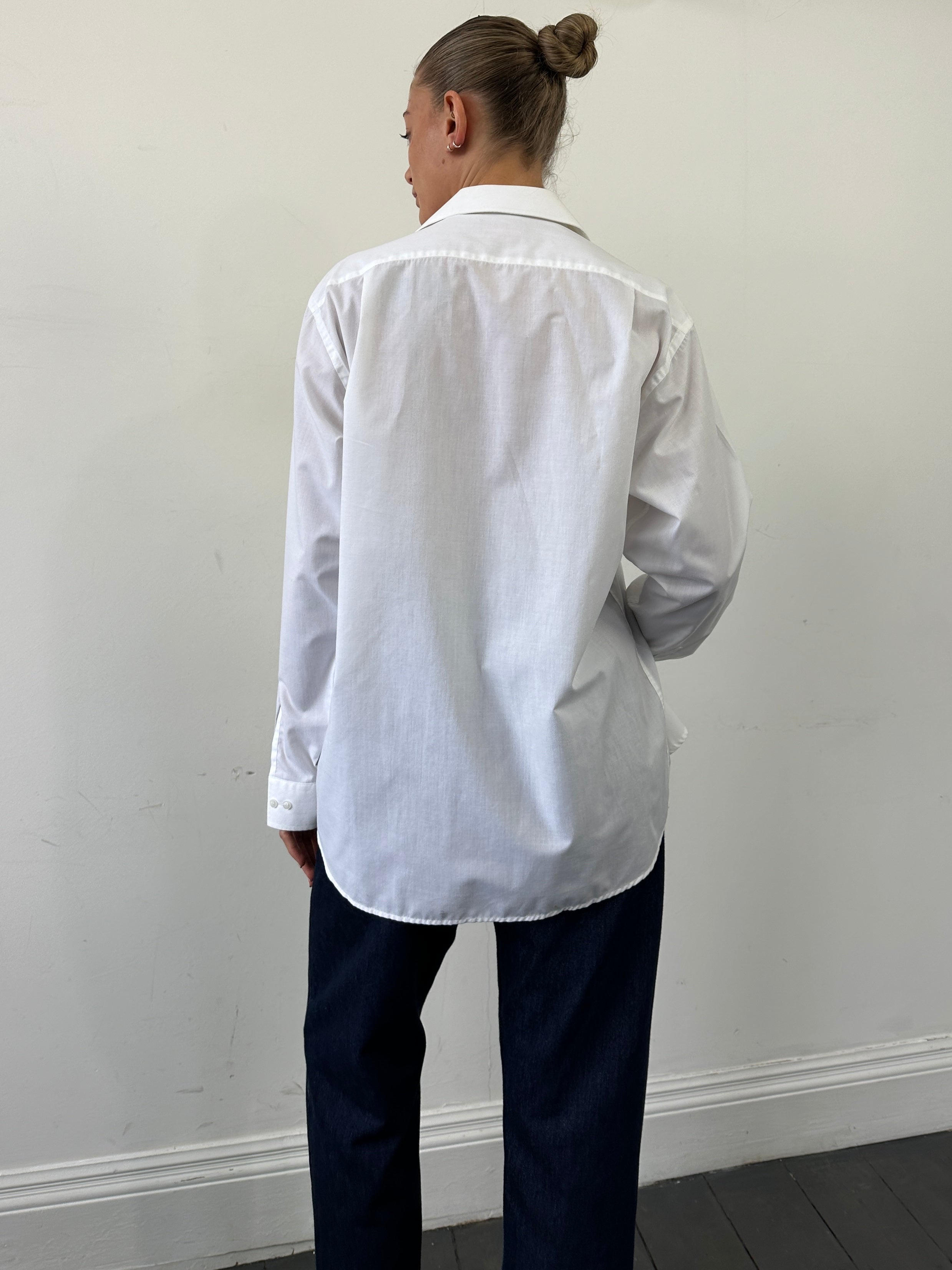 Vintage cotton pleated tuxedo shirt in XL, featuring a classic design with pleats and a formal collar, suitable for elegant occasions.