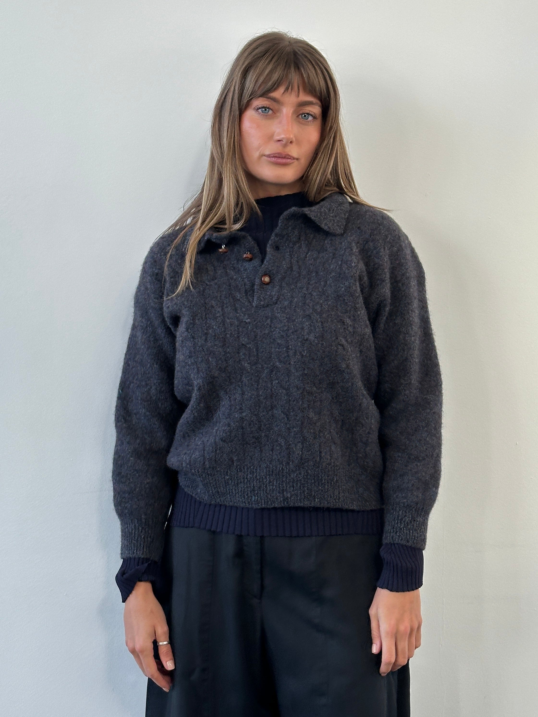 Valentino Studio 1990s pure wool bespoke button polo jumper in XS, featuring a classic design and tailored fit.