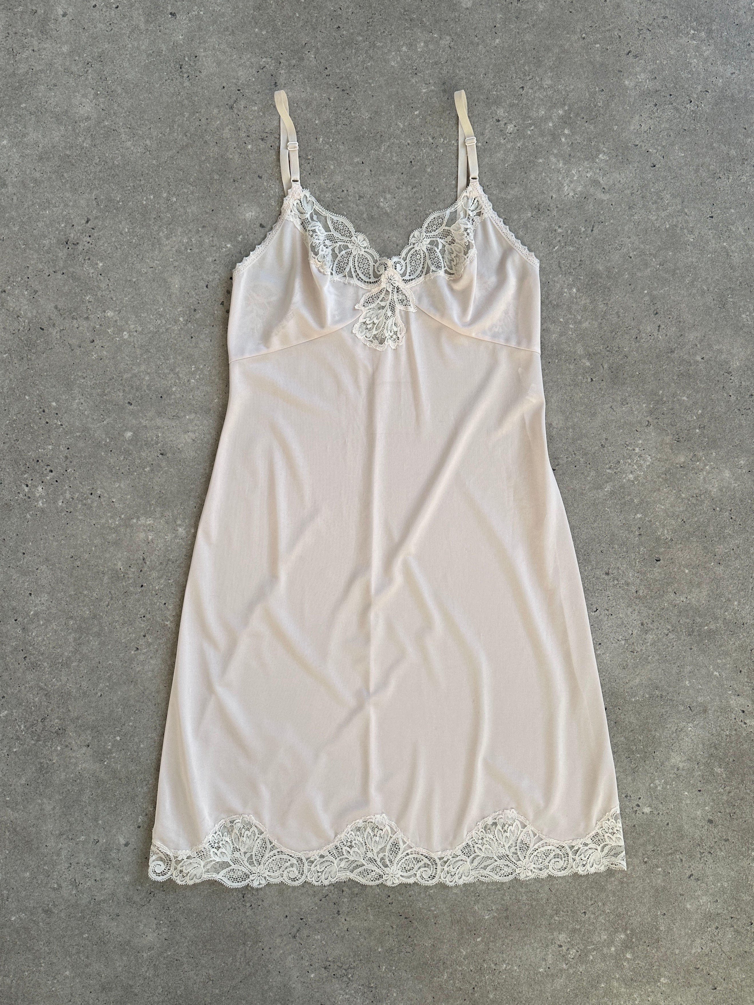 Vintage Japanese 1980s lace satin slip dress, size M, featuring delicate lace details and a classic vintage design.