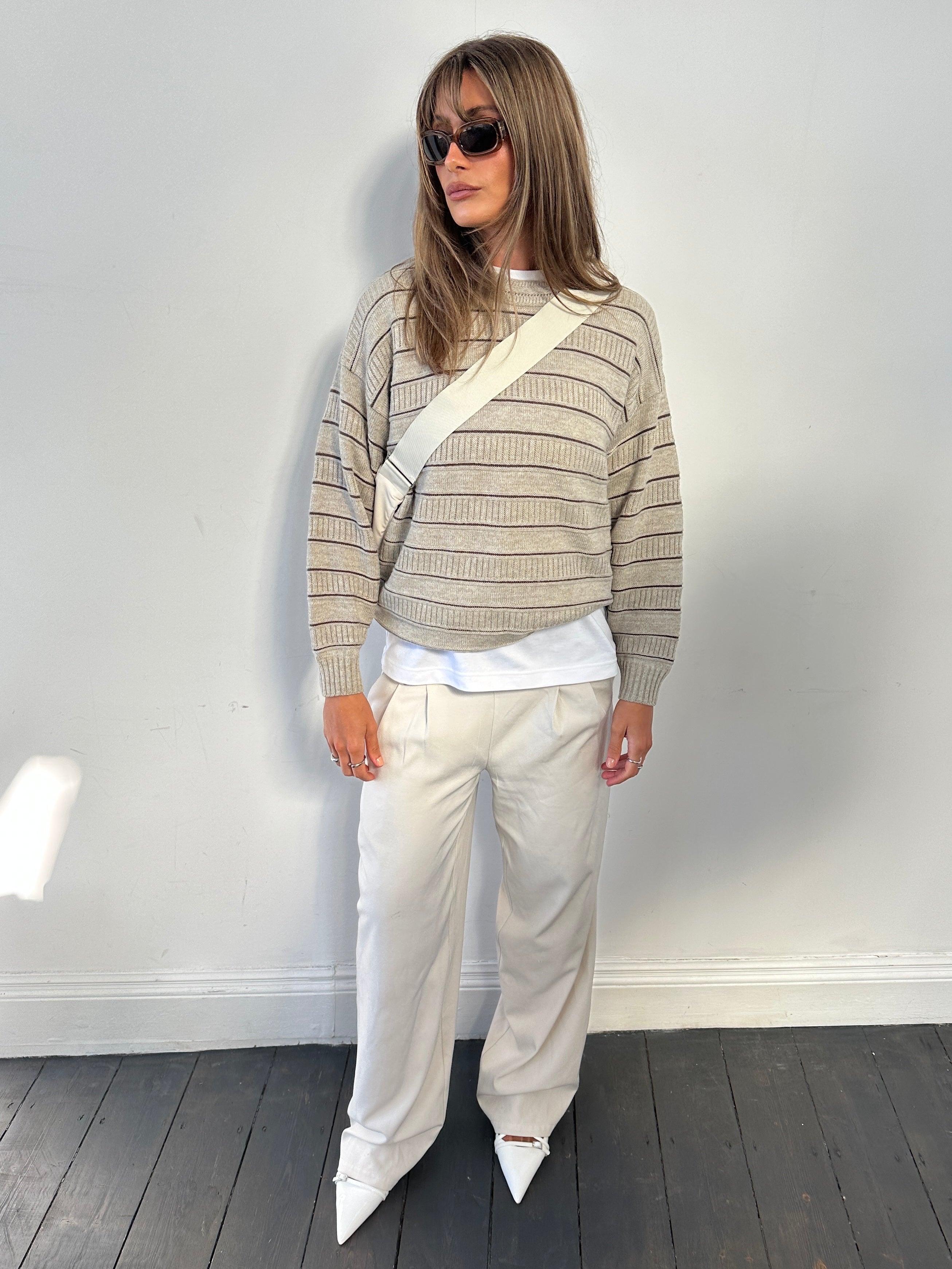 St Michael stripe knitted jumper in size M, featuring a cozy knit fabric and classic striped pattern, suitable for casual wear.