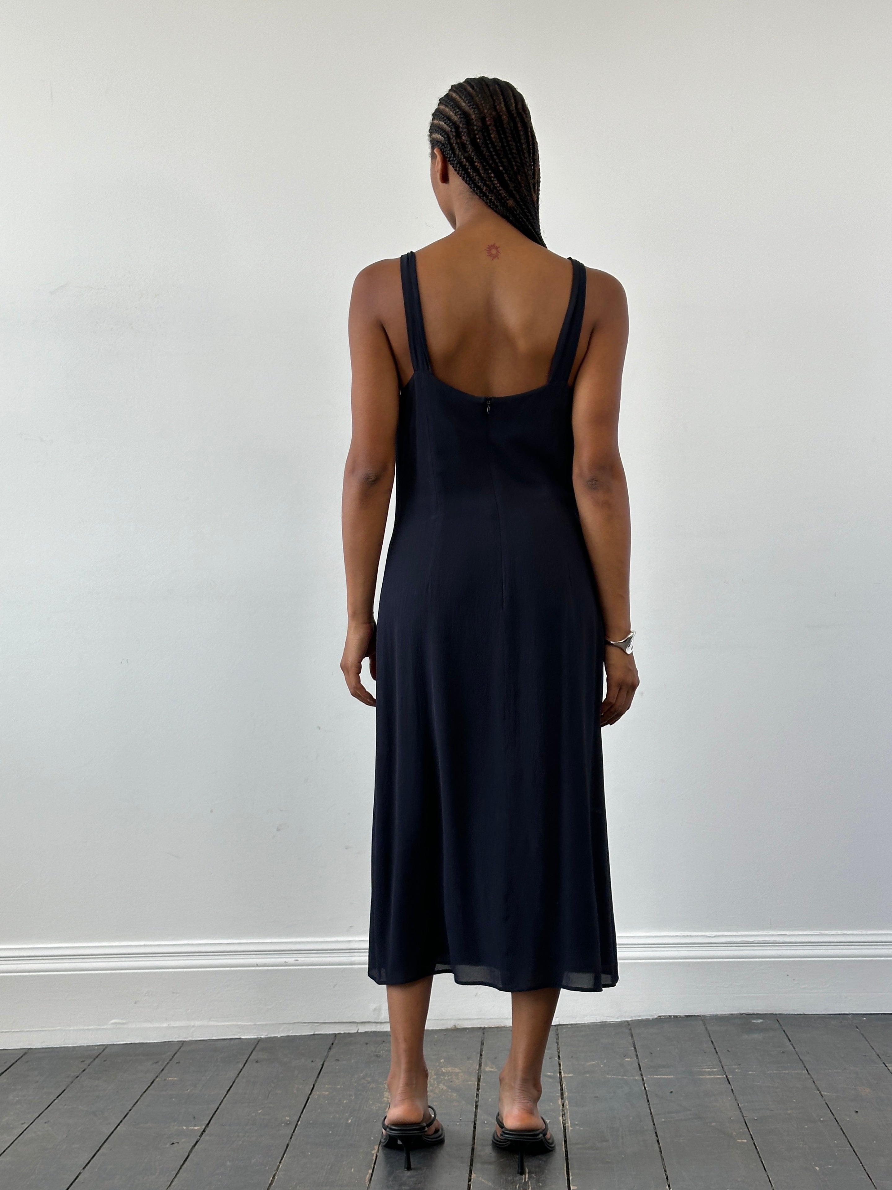 Max Mara pure silk V-neck maxi dress in M size, flowing fabric and elegant design, displayed on a hanger.