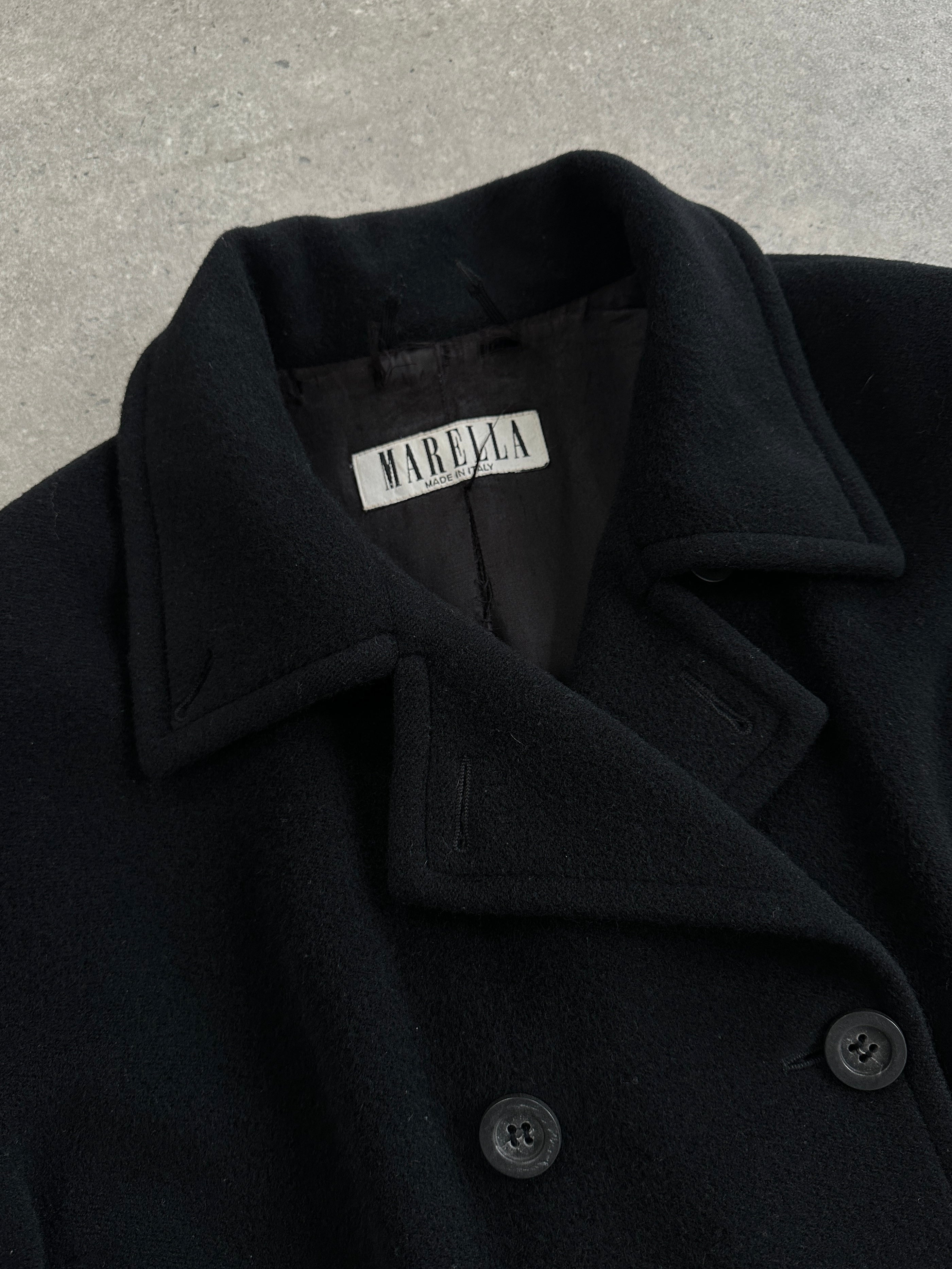 Marella Virgin Wool Cashmere Double Breasted Coat in XL, black with wide lapels and button details, hanging on a hanger.