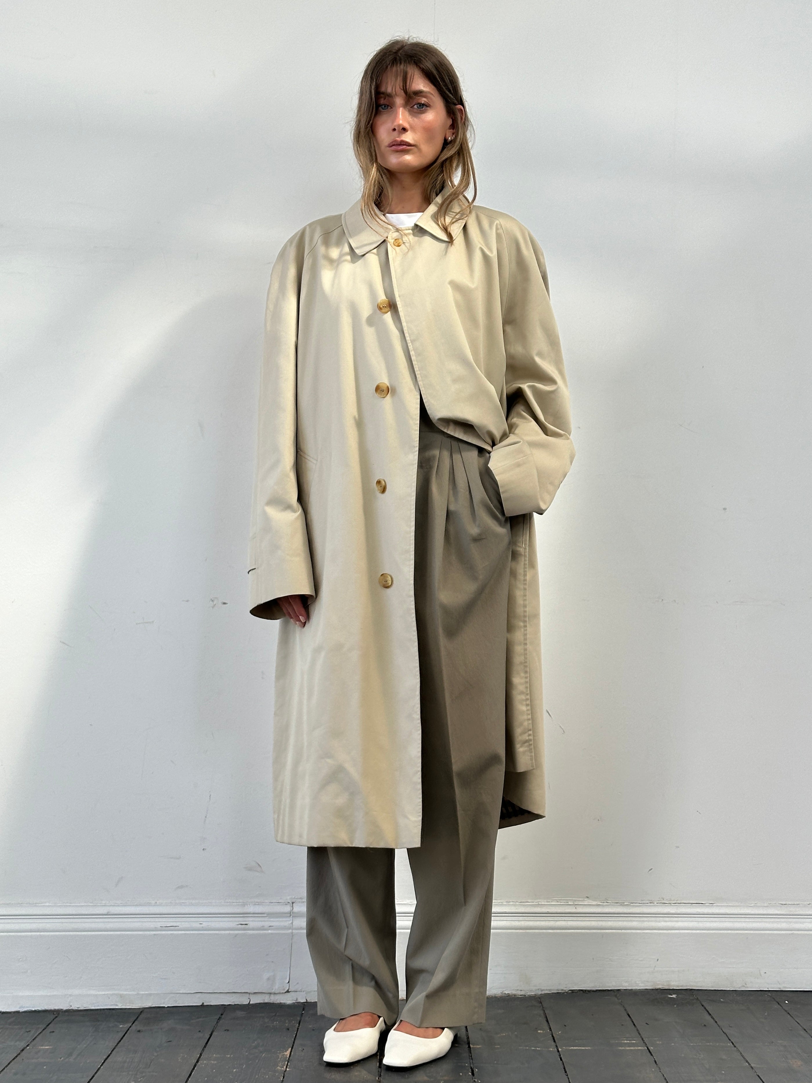 Aquascutum cotton trench coat with concealed placket in XXL size, classic beige color, shown on a hanger.