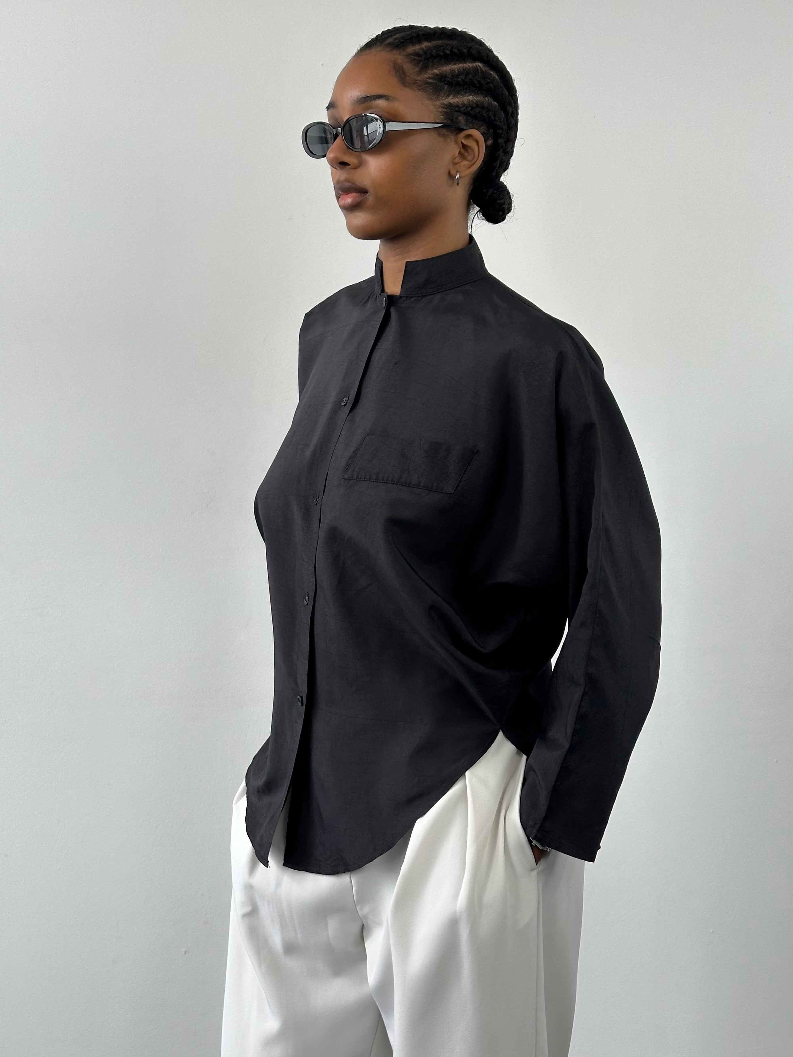 Vintage 1990s Mandarin collar minimal shirt in size S, featuring a sleek, simple design and classic style.