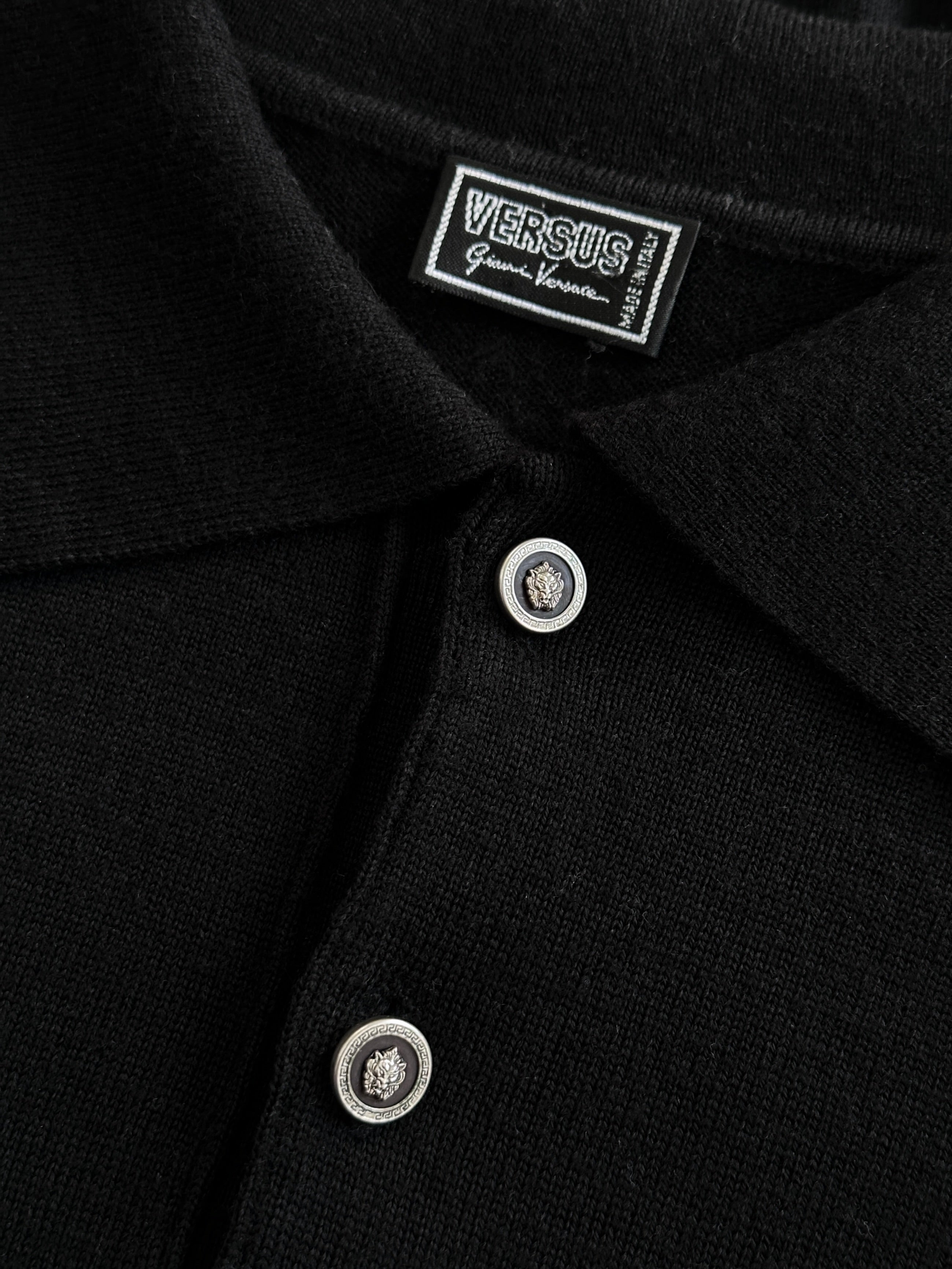 Versace Versus 1990s pure wool lion head polo jumper, men's size M, featuring a detailed lion motif on the chest.
