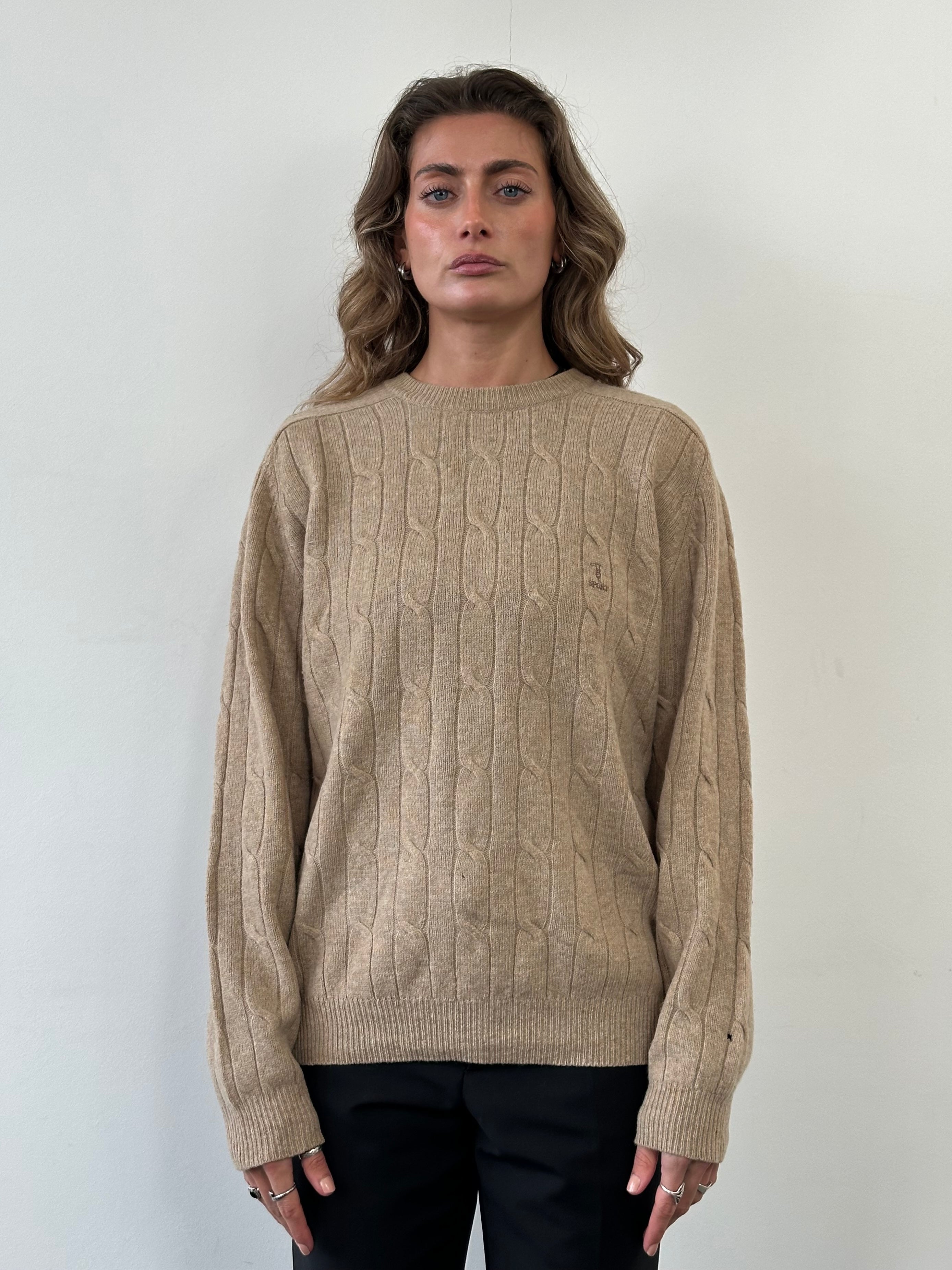 Trussardi pure wool cable knit logo jumper in size L, featuring a classic textured design and brand logo detail.