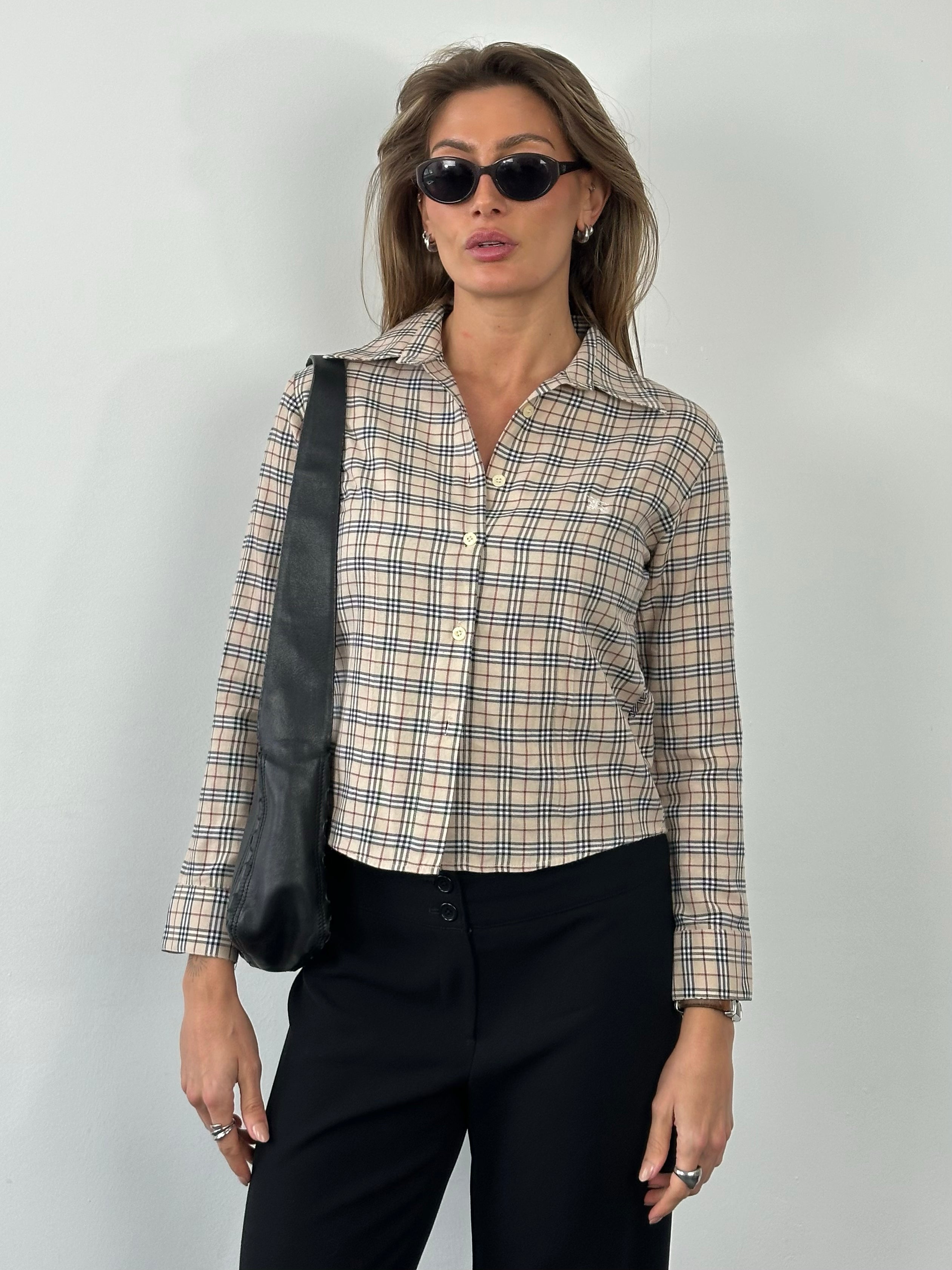 Burberry London 2000s cotton check shirt in XS with classic plaid pattern, long sleeves, and button front.