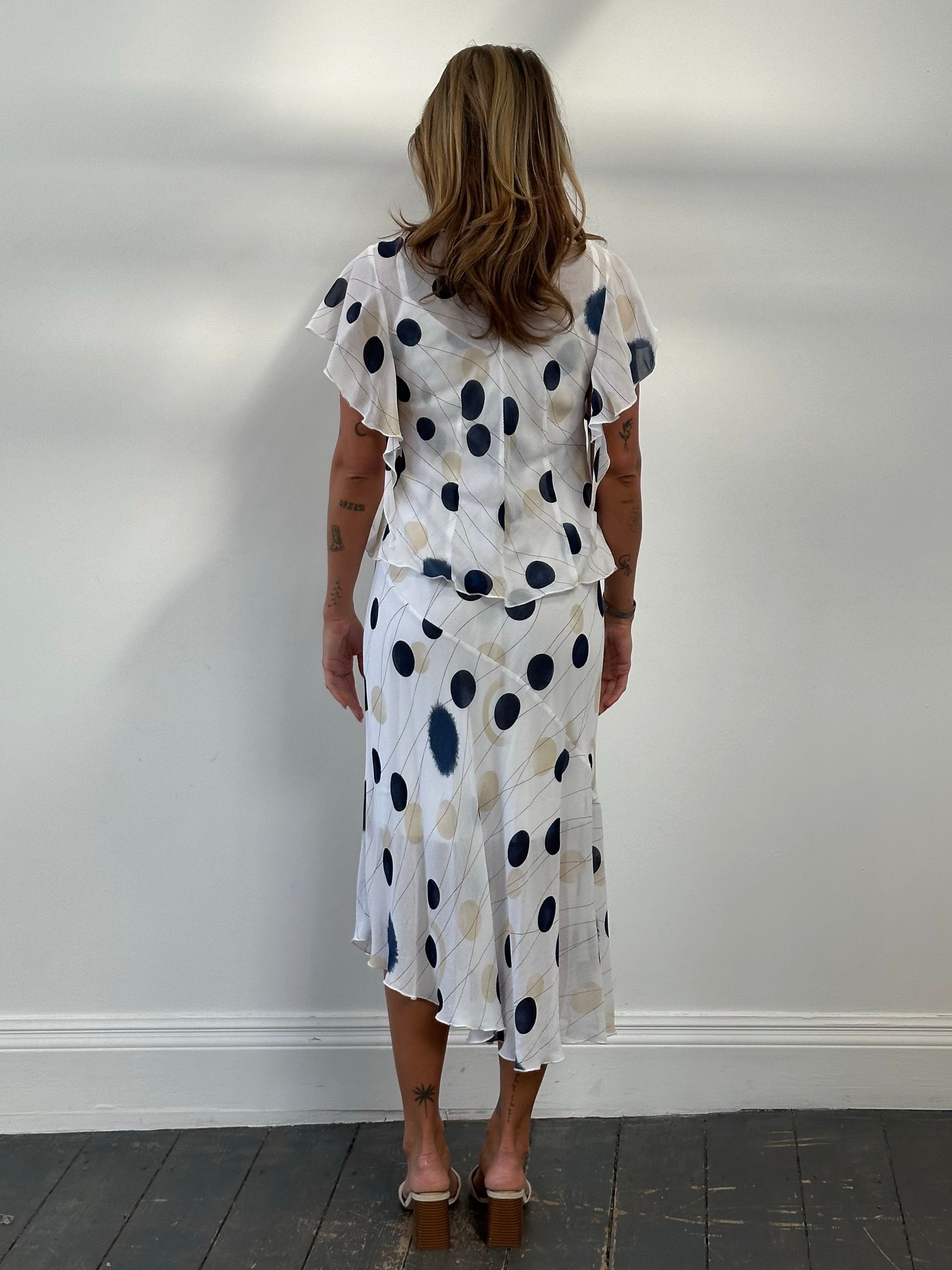 MANI 1990s spotted two-piece slip dress set, M/L, featuring a fitted dress with a bold spotted pattern and matching top.