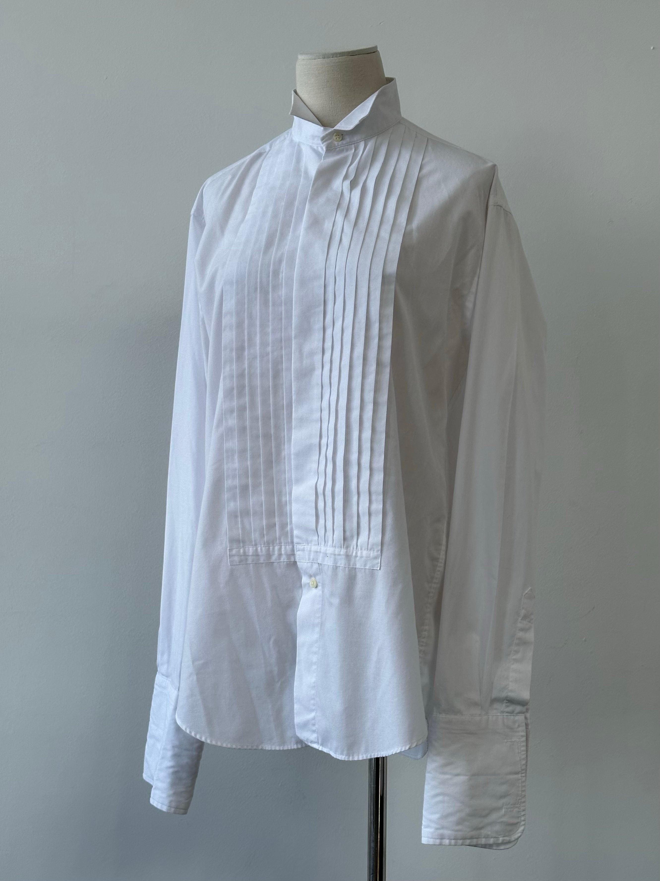 Yves Saint Laurent 1990s cotton tuxedo dress shirt, front view, classic white shirt with tailored fit and button-down collar.