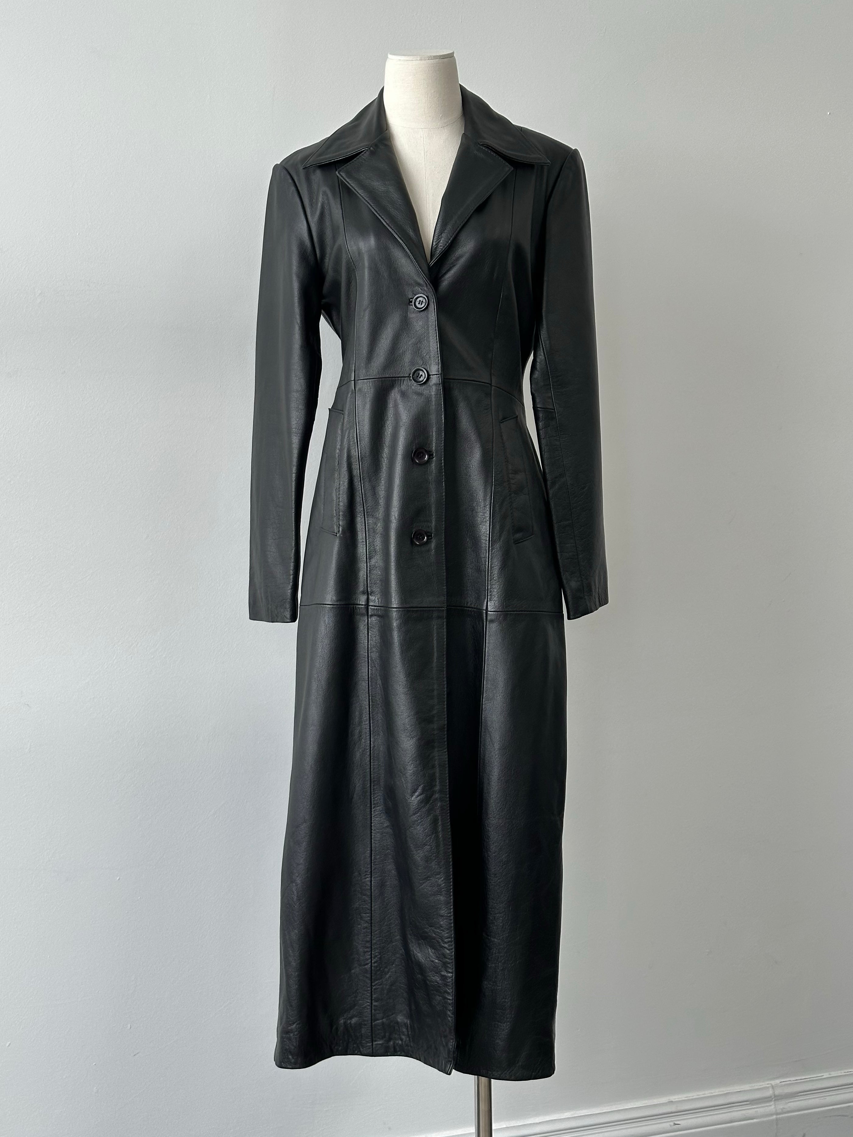 Vintage 1990s Floor Length Leather Trench Coat - S-M