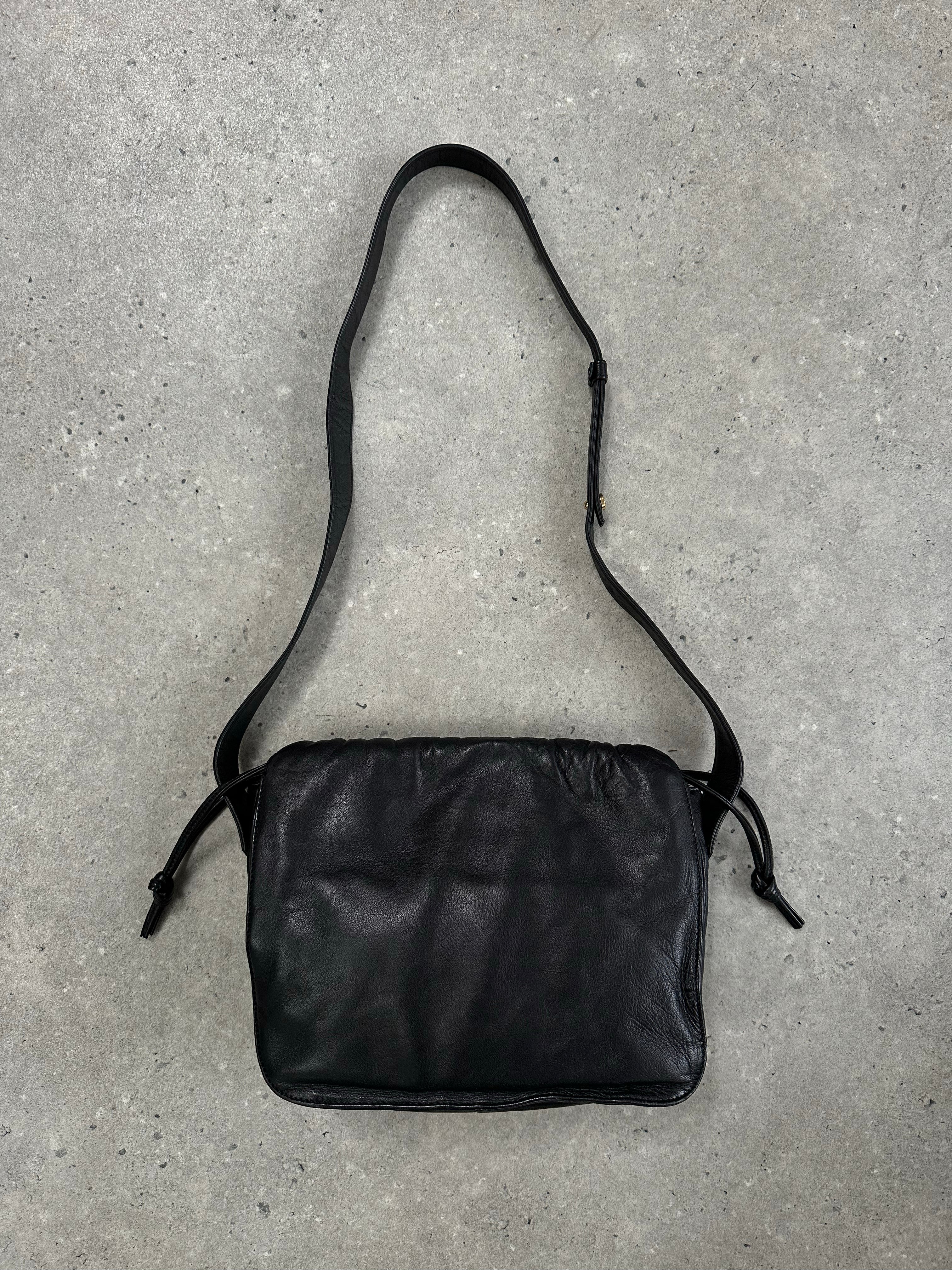 Loewe 1990s ruched leather Anagram crossbody bag with signature logo pattern and adjustable strap, classic and stylish accessory.