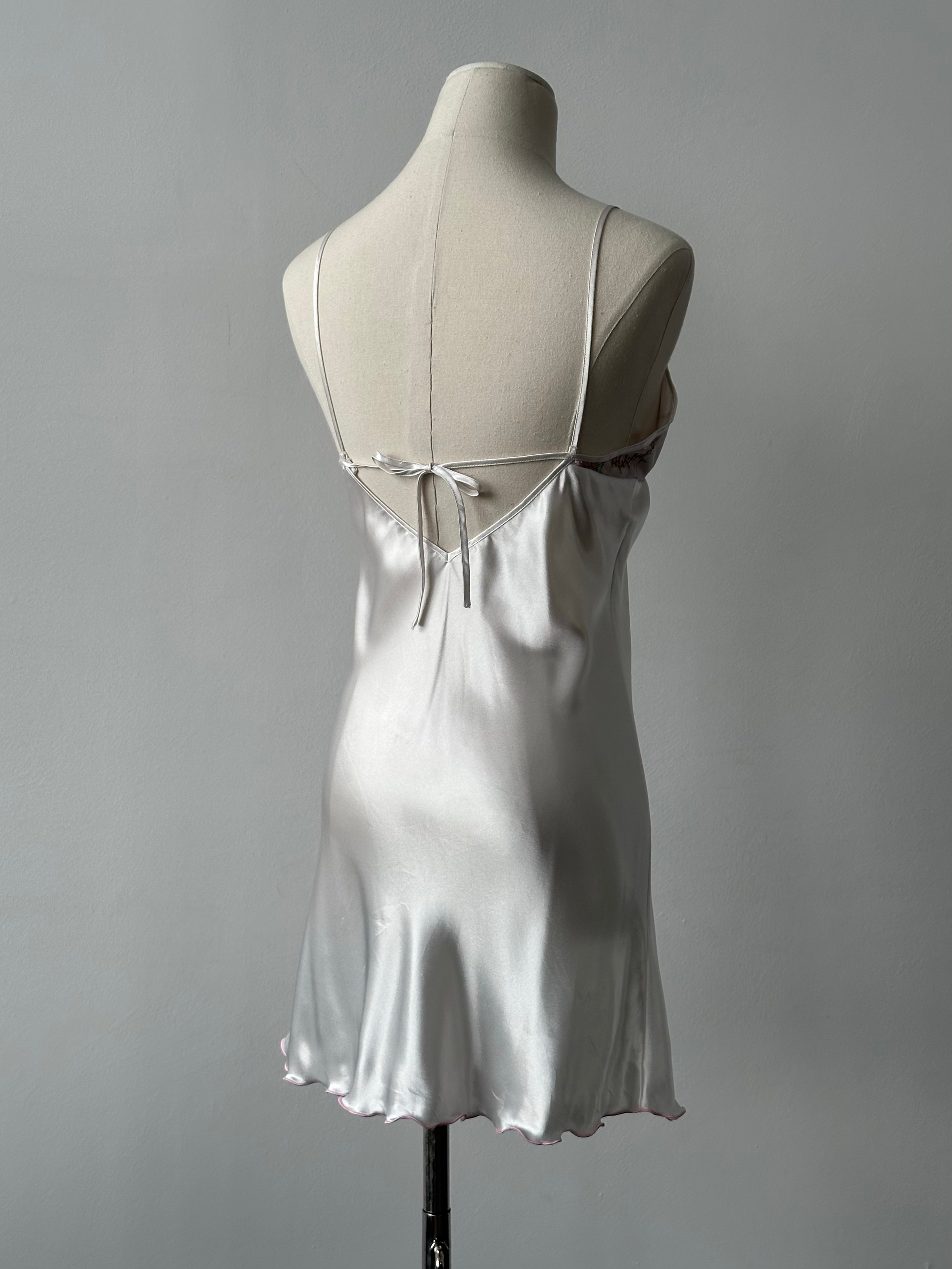 Vintage 2000s satin floral lace mini slip dress, XS, featuring delicate lace and floral patterns, sleeveless with a fitted silhouette.