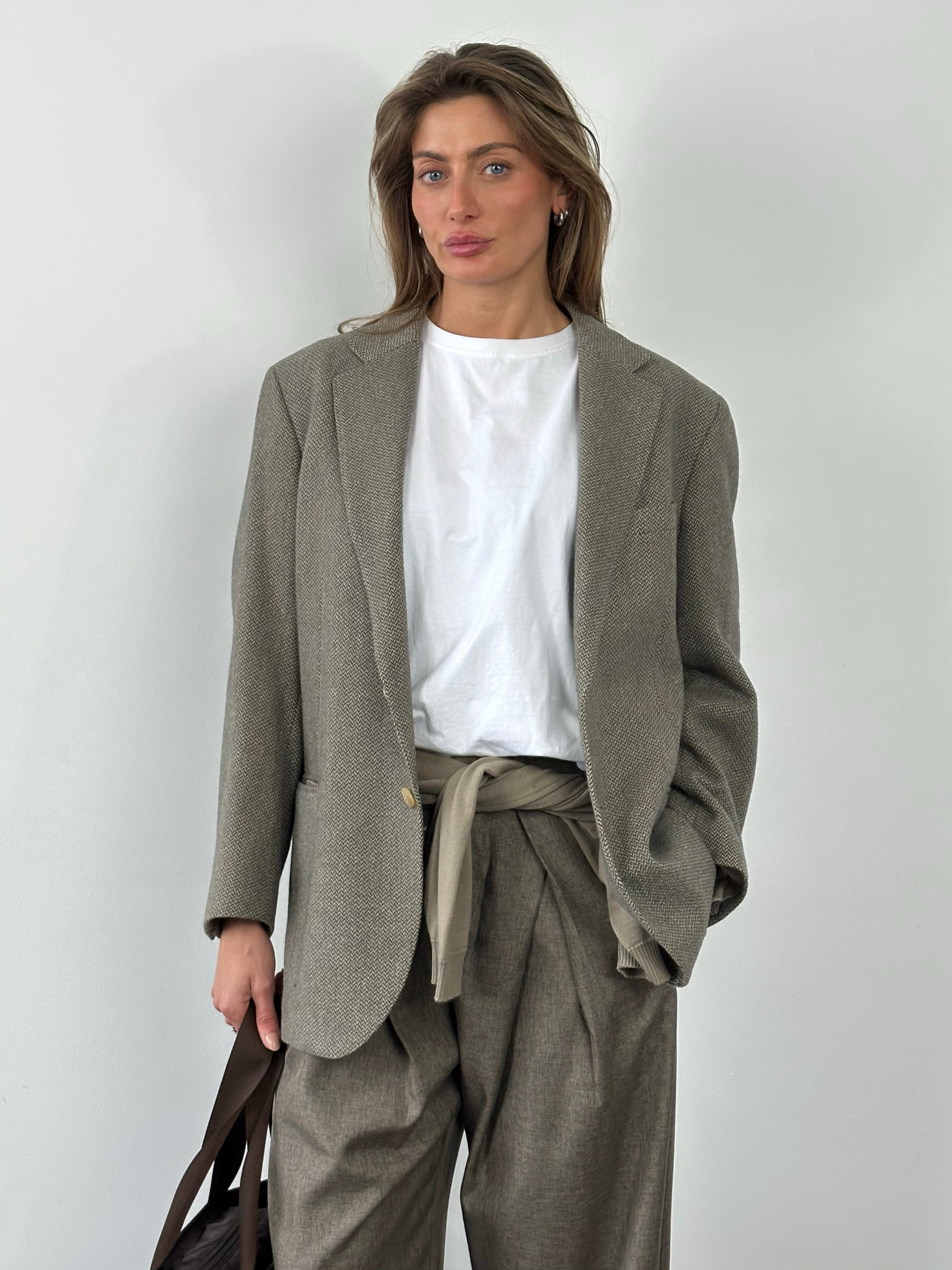 Burberry London 1990s pure wool herringbone blazer in size L, tailored fit, classic design, shown on a hanger.