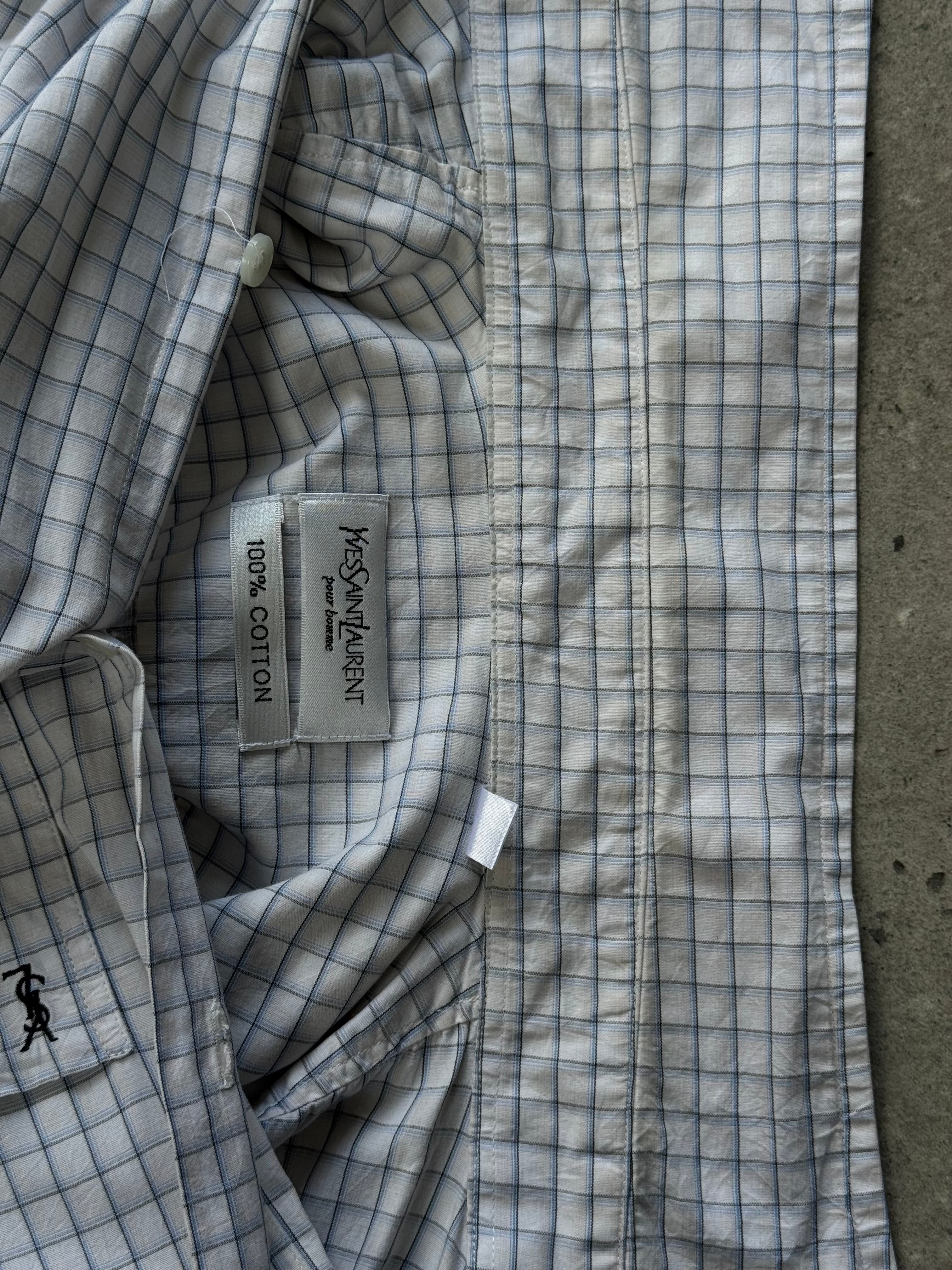 Yves Saint Laurent Pour Homme 1990s pure cotton check short sleeve shirt, men's size S, with classic plaid pattern and button-up front.