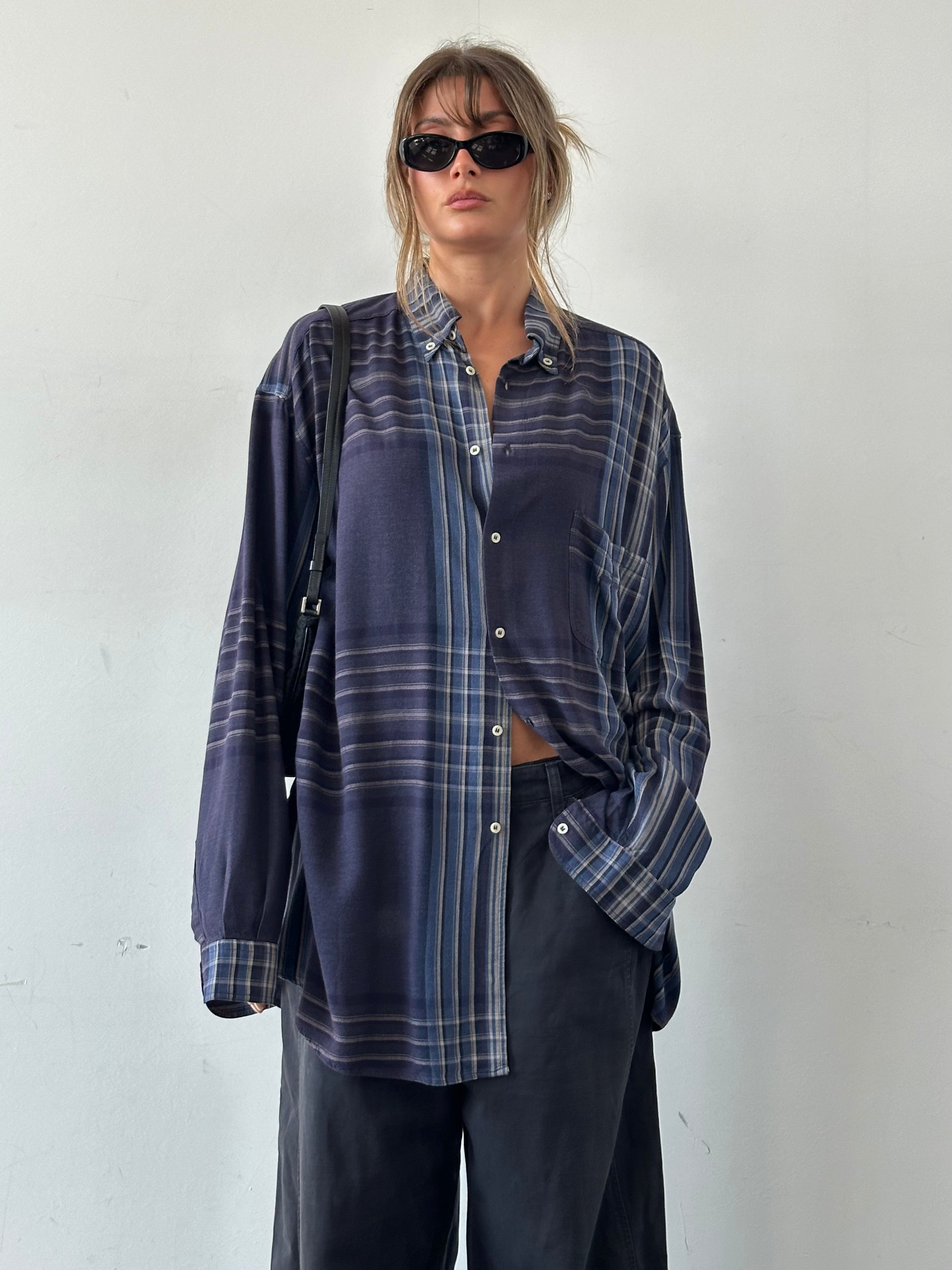 Armani Jeans oversized 90s check flannel logo shirt in XXL with red, black, and white plaid pattern on a casual button-up shirt.