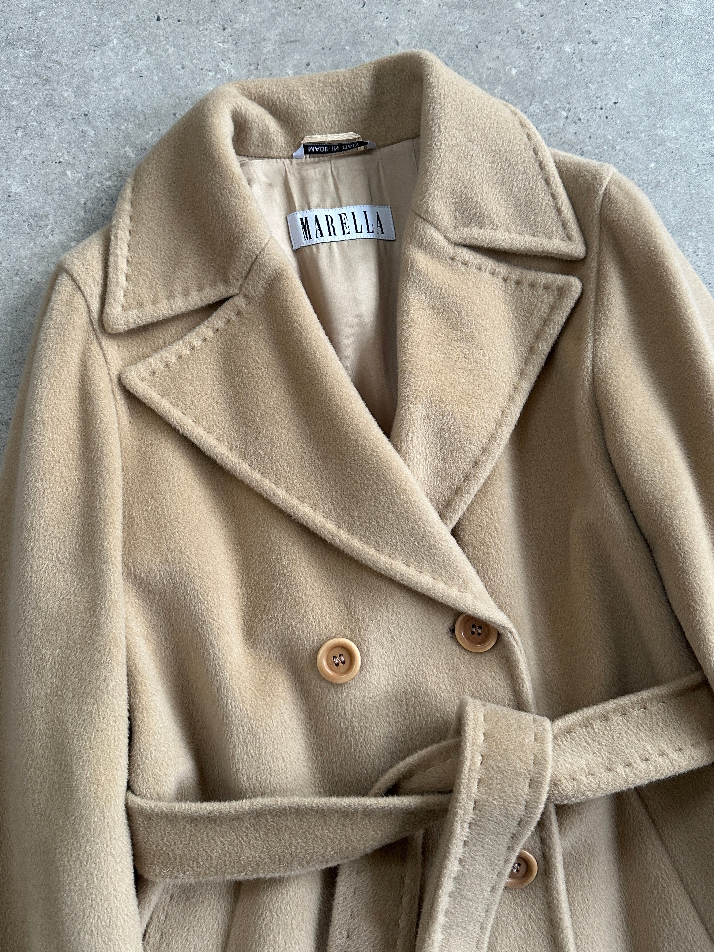 Marella wool cashmere double-breasted belted coat in size M, featuring classic lapels and a tailored fit, shown on a hanger.