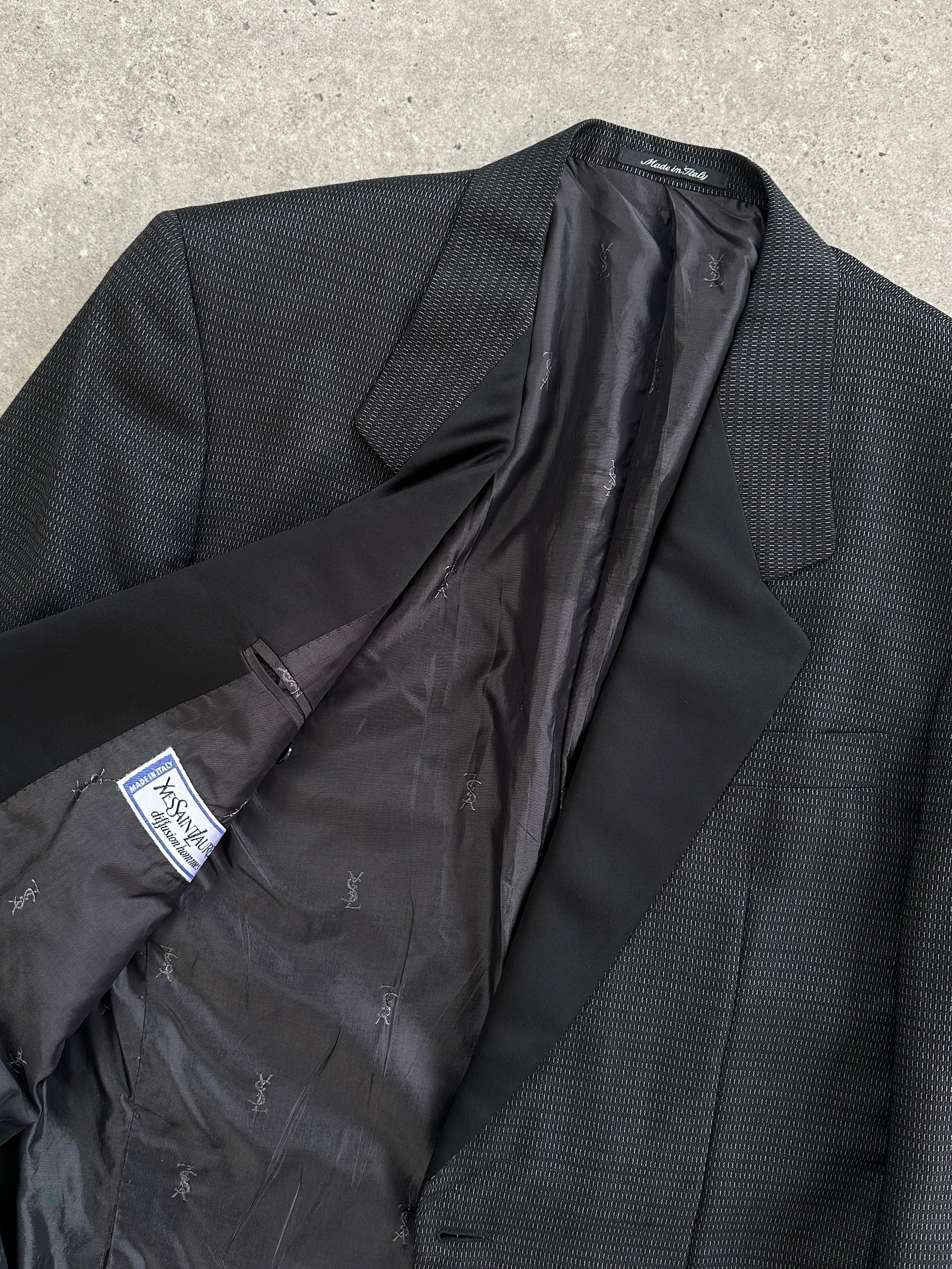 Yves Saint Laurent Diffusion Hommes 1980s wool silk tuxedo blazer, single button, size 38R/M, in black with satin lapel details.