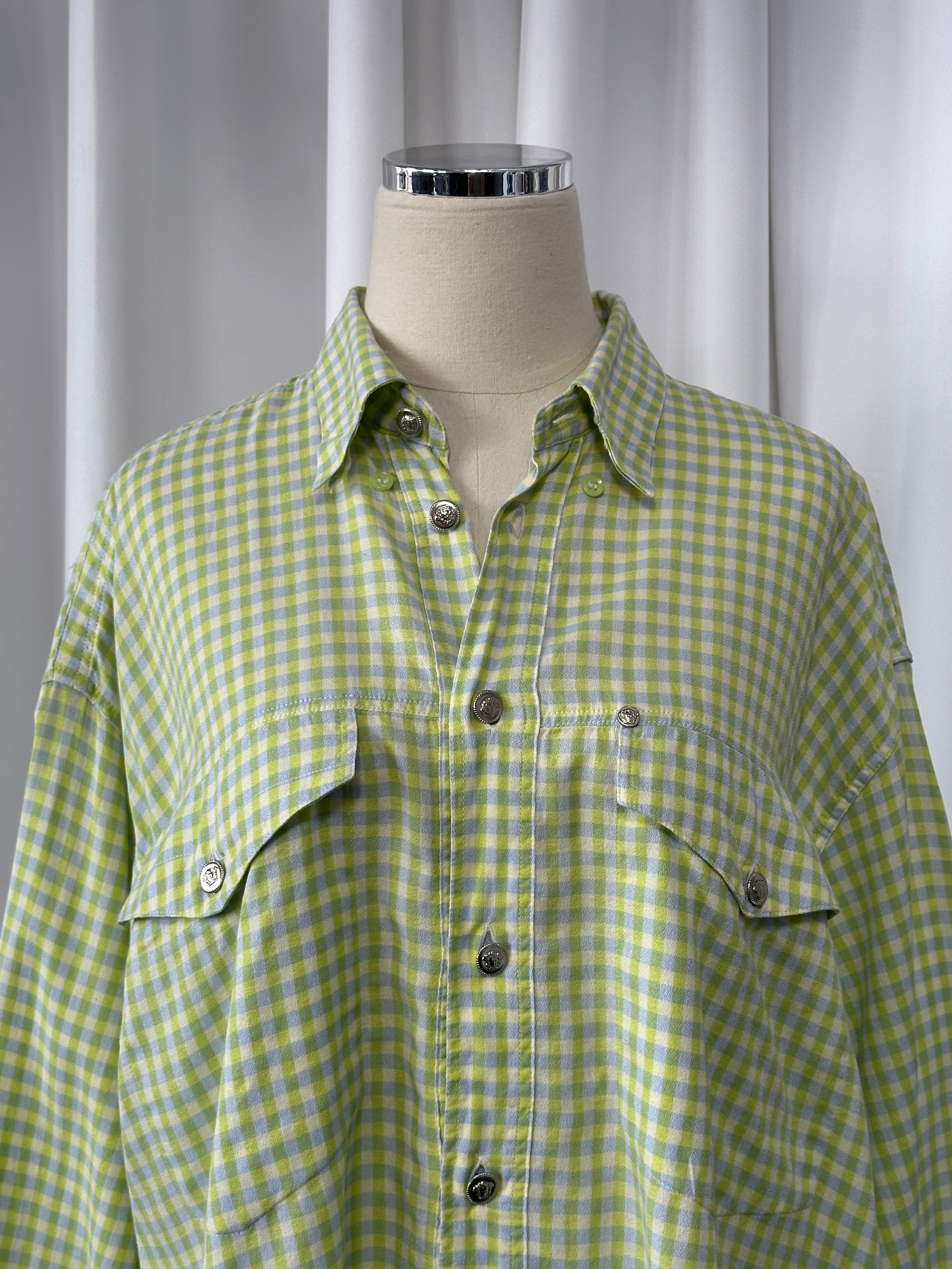 Versace Jeans Couture 1990s check cotton shirt in size large/extra large, featuring a classic check pattern and button-front design.
