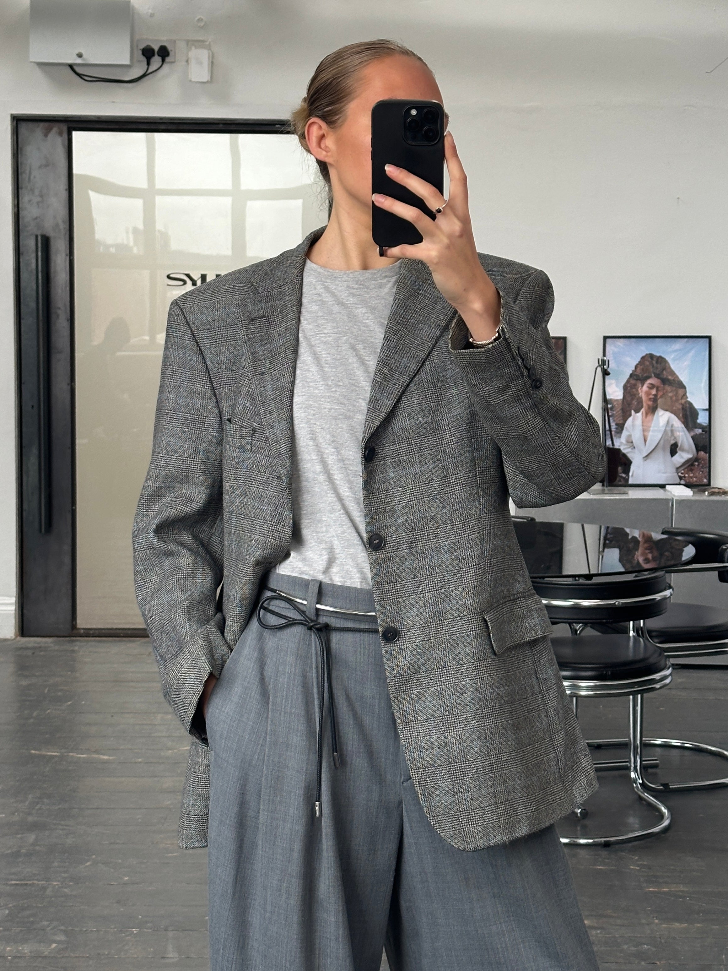 Yves Saint Laurent Pour Homme 1990s check wool blazer, size 40R/L, tailored men's blazer with classic pattern and structured fit.