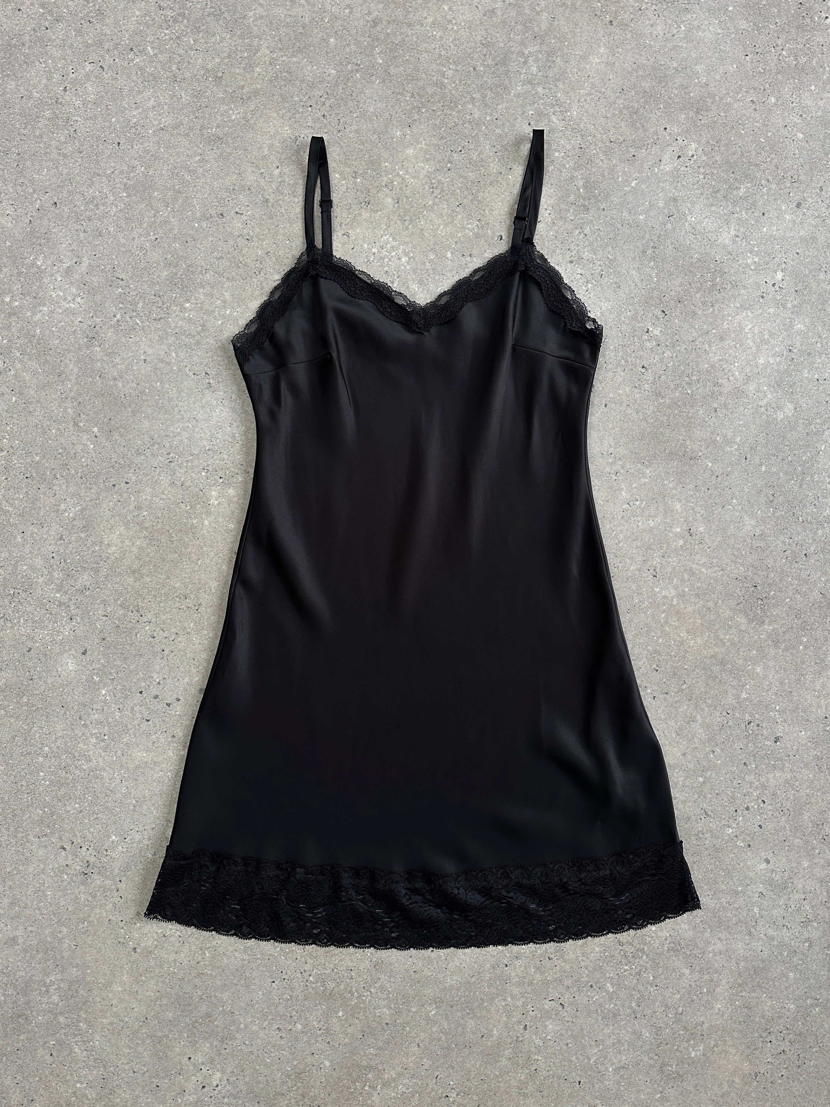 Vintage 2000s lace satin mini slip dress in size S, featuring delicate lace details and a sleek satin finish.