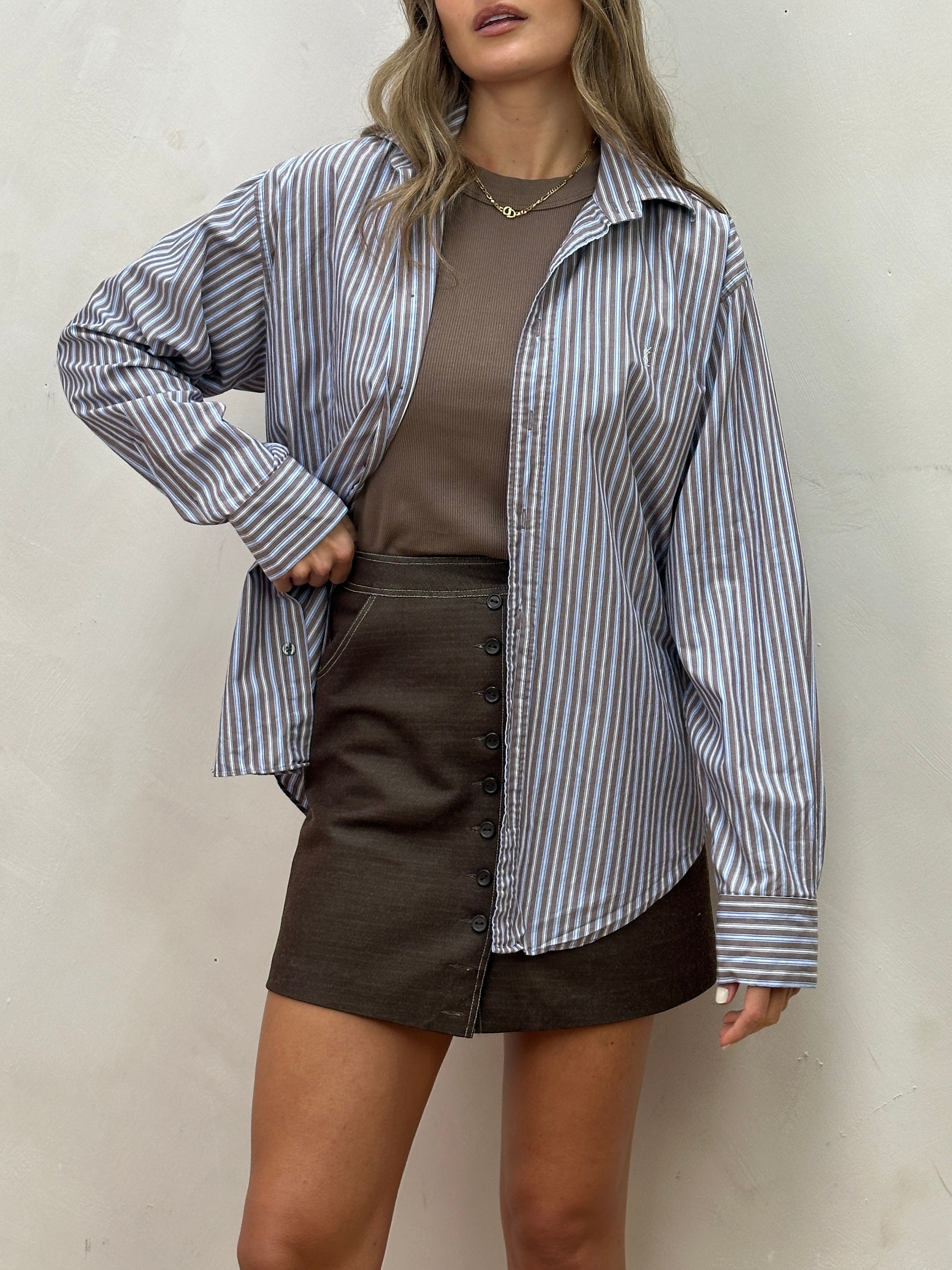 Yves Saint Laurent Pour Homme stripe pure cotton logo shirt, size large, featuring a classic striped design and brand logo on the front.
