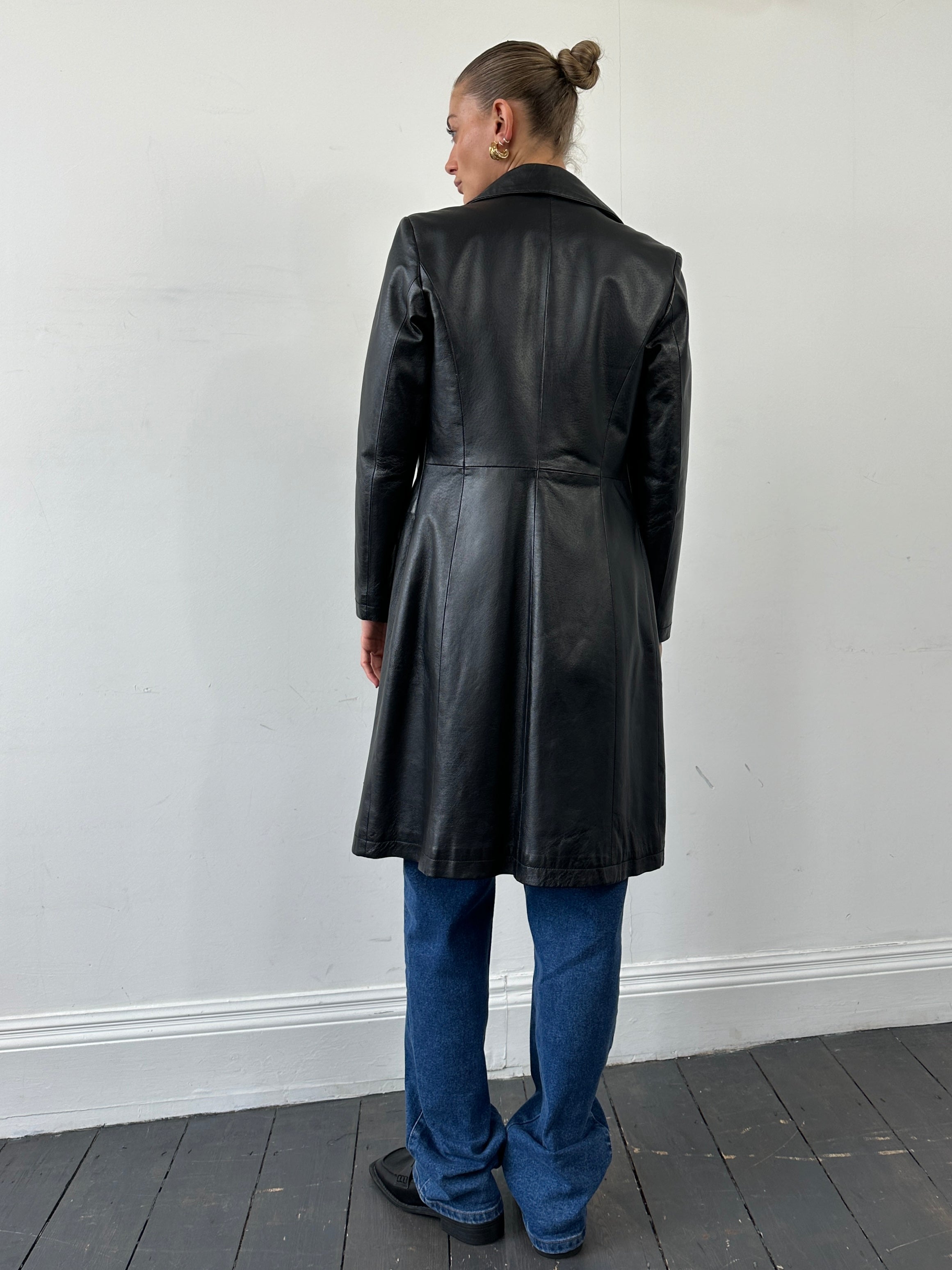 Vintage Italian leather trench coat, single-breasted design, lightweight fashion coat in size small, classic vintage style.