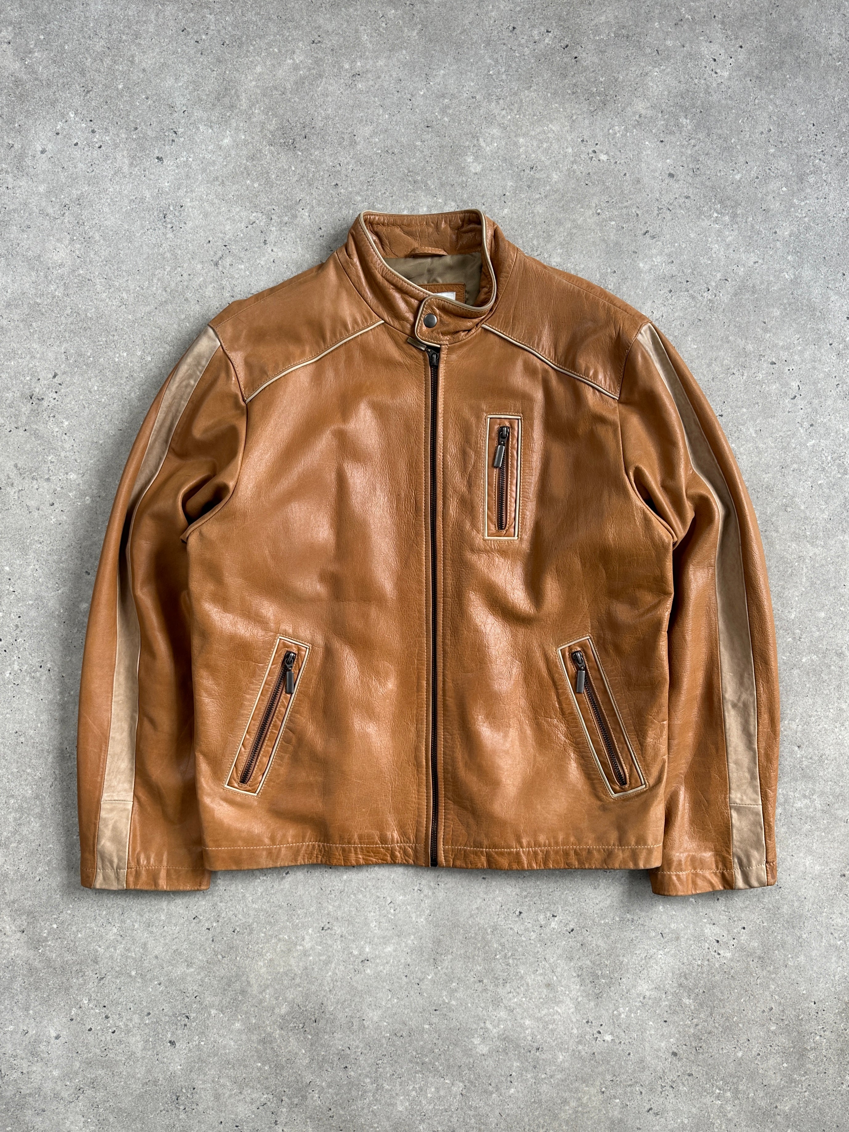 Vintage 1990s Moto Stripe leather jacket in size L, featuring a classic design with bold stripe details and genuine leather material.