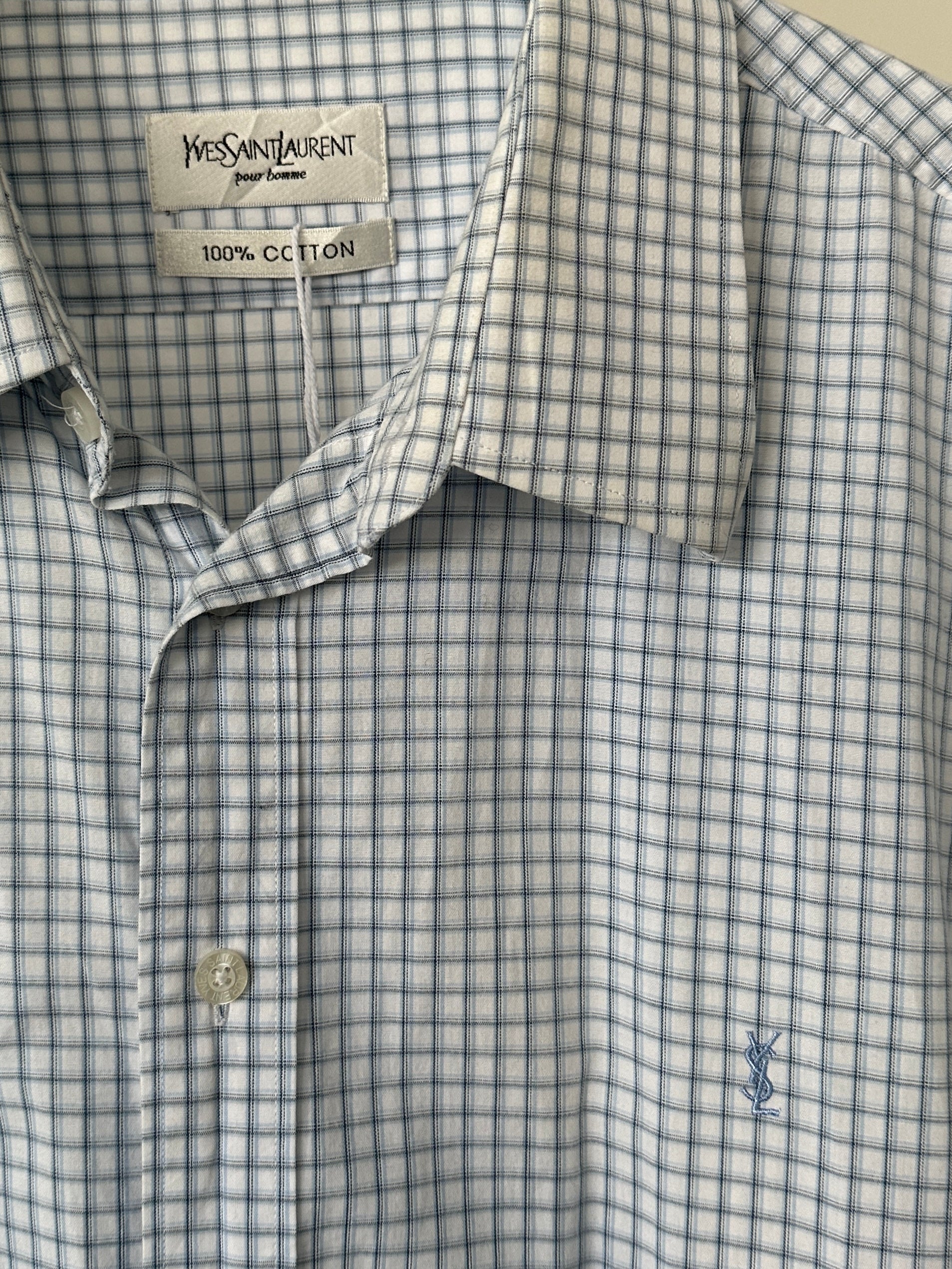 Yves Saint Laurent Pour Homme pure cotton check shirt in XXL with blue and white pattern, short sleeves, and button front.