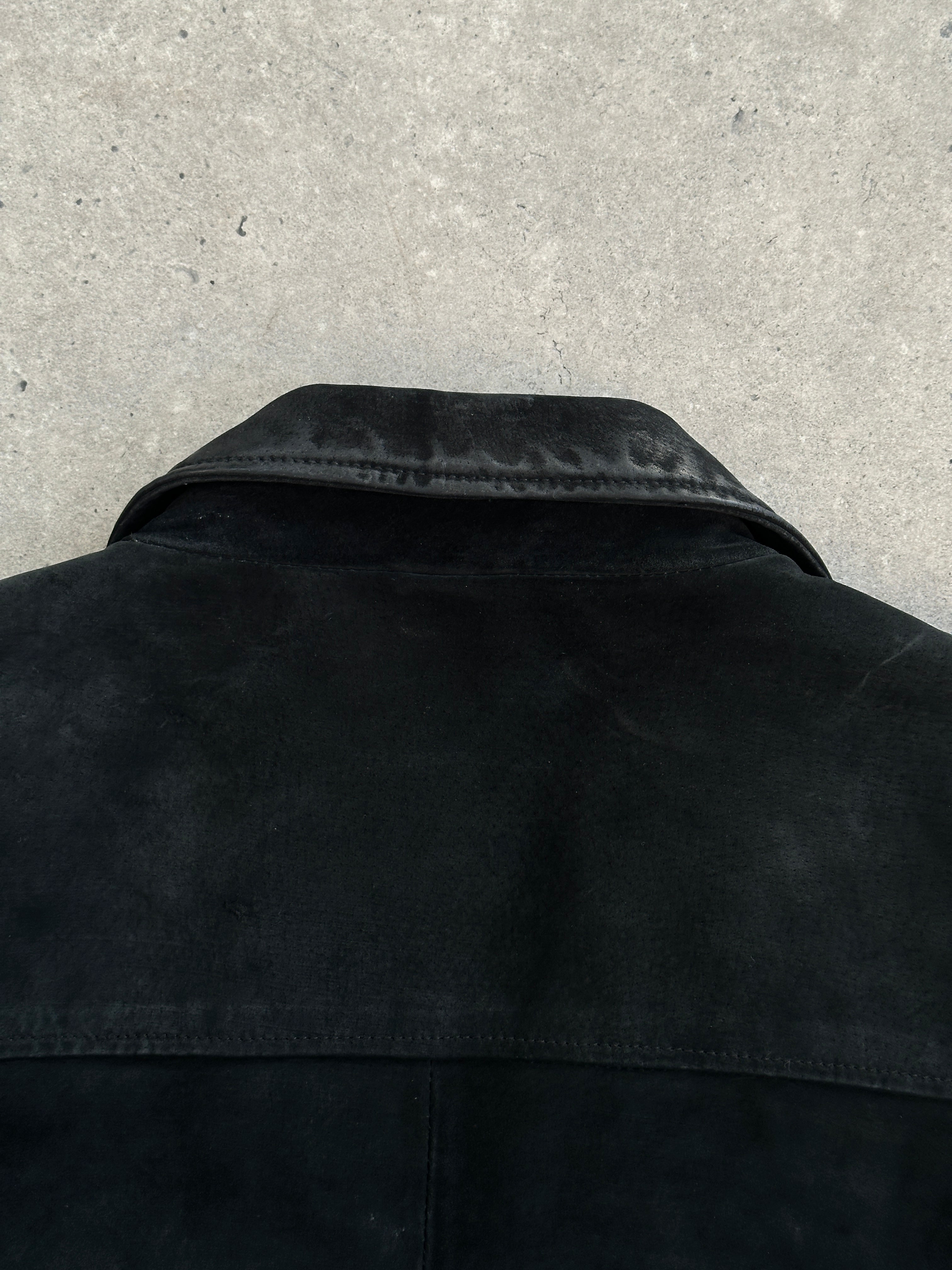 Pierre Cardin 3XL suede leather jacket showing front view with collar and zipper, stylish and textured in natural suede finish.
