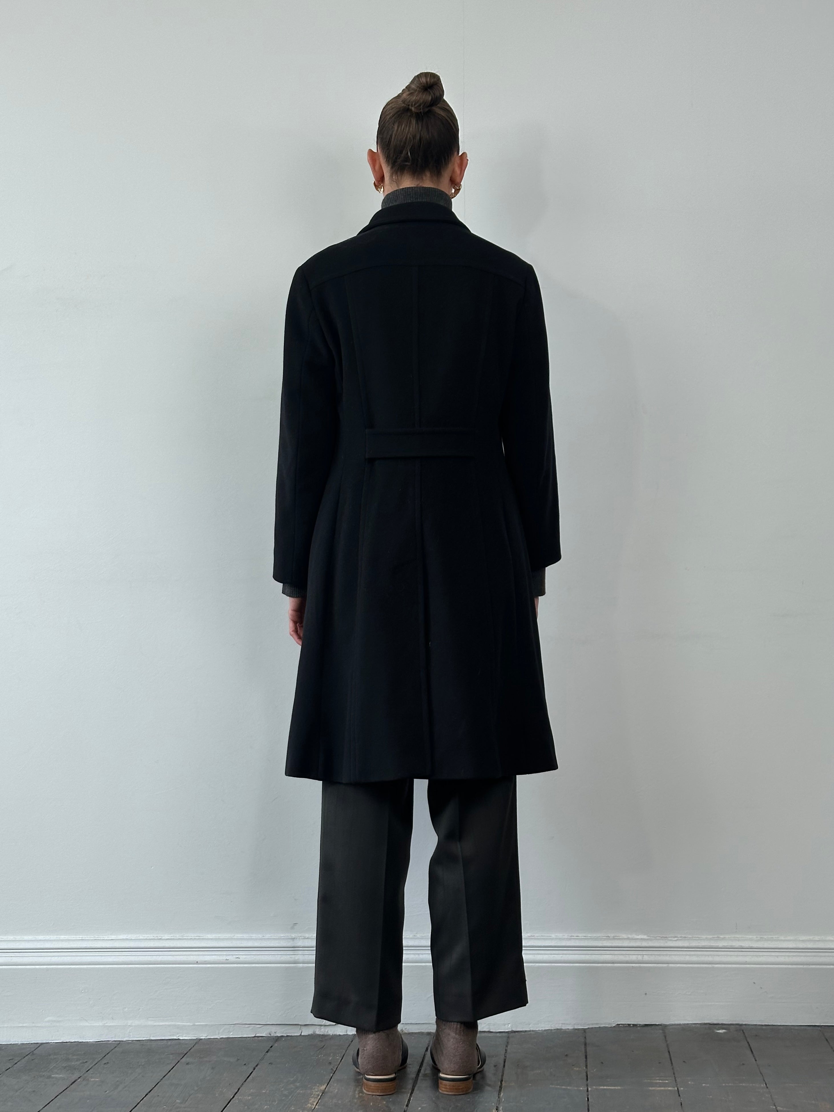 Max Mara Marella virgin wool double-breasted coat in S/M, shown on a hanger, with classic lapels and tailored fit.