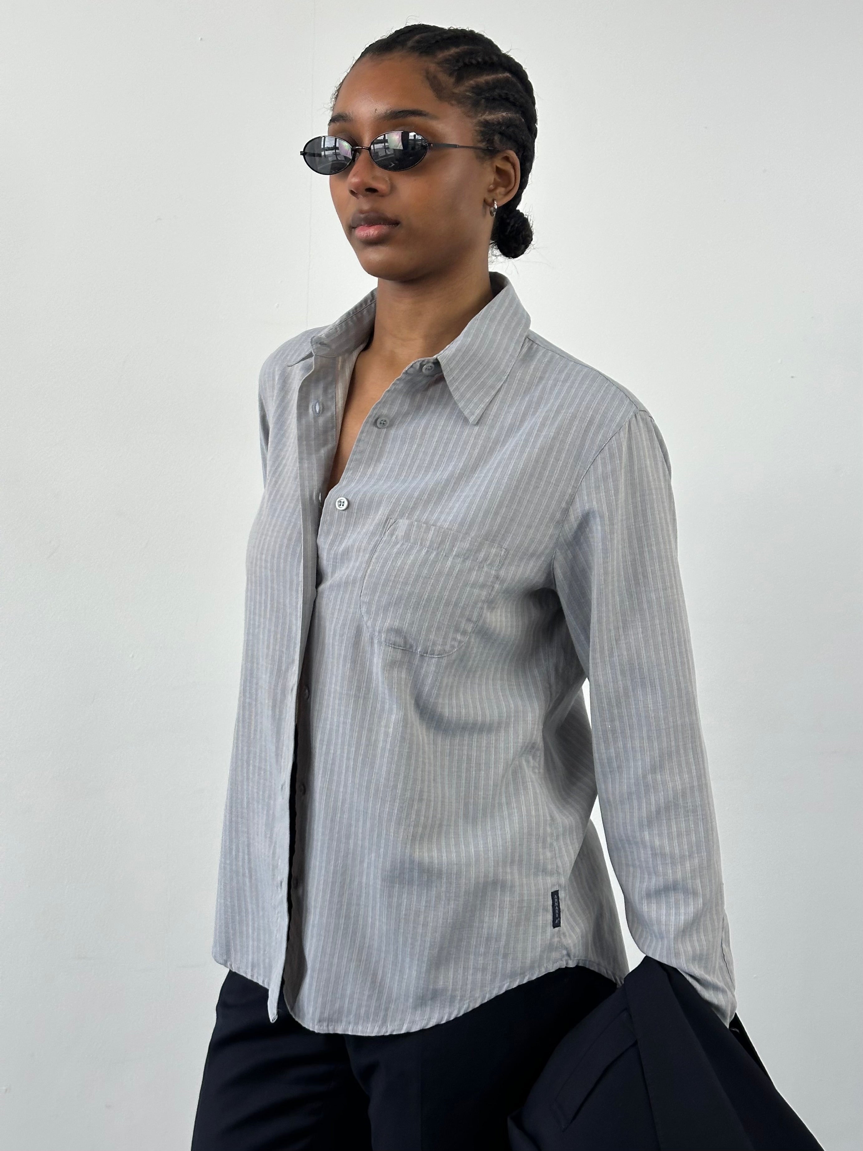 Armani Jeans 2000s stripe logo shirt in size M, featuring a classic button-up design with bold stripe patterns.