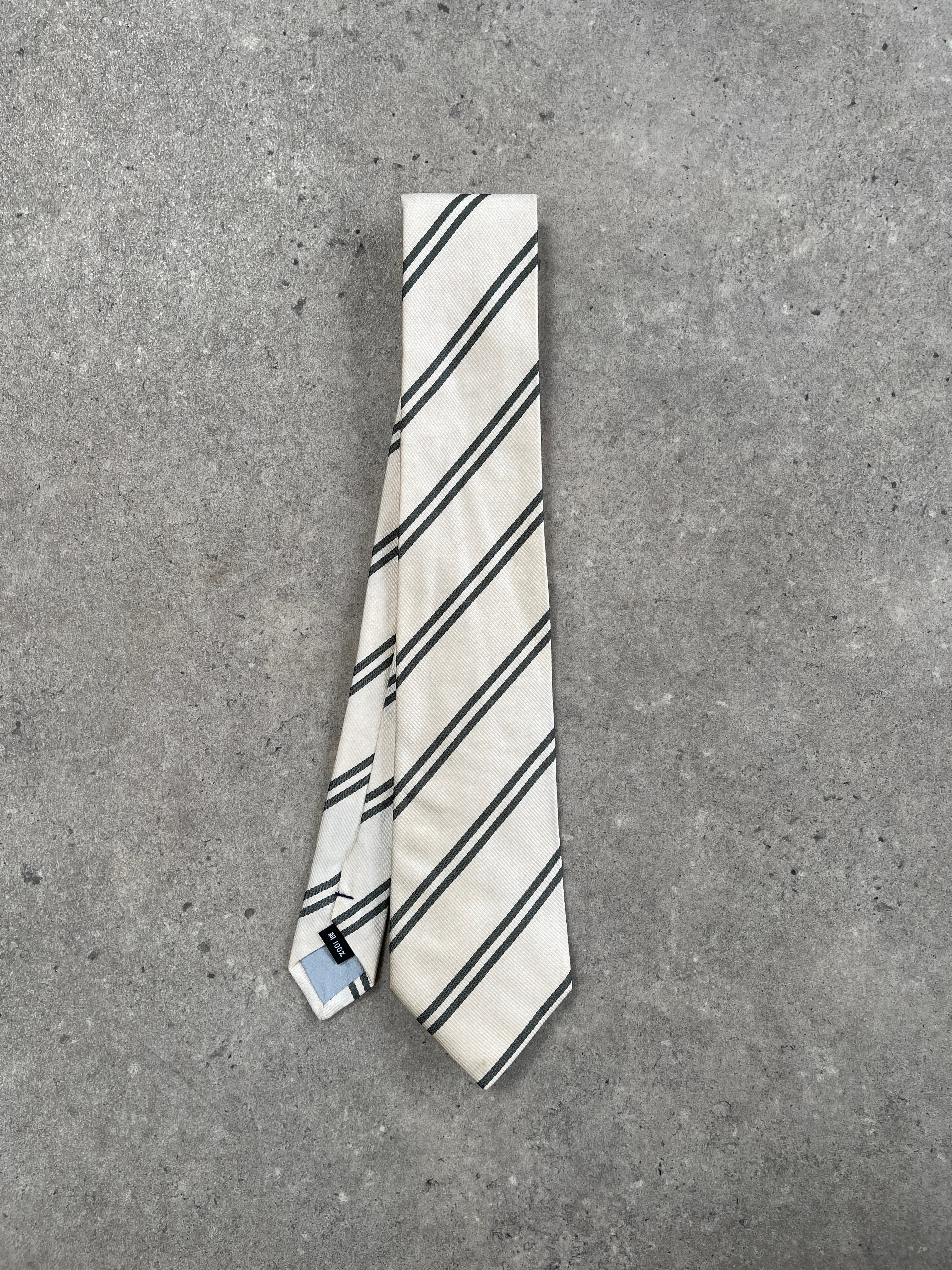 Japanese vintage 2000s pure silk diagonal stripe tie with classic pattern, ideal for formal or business attire.