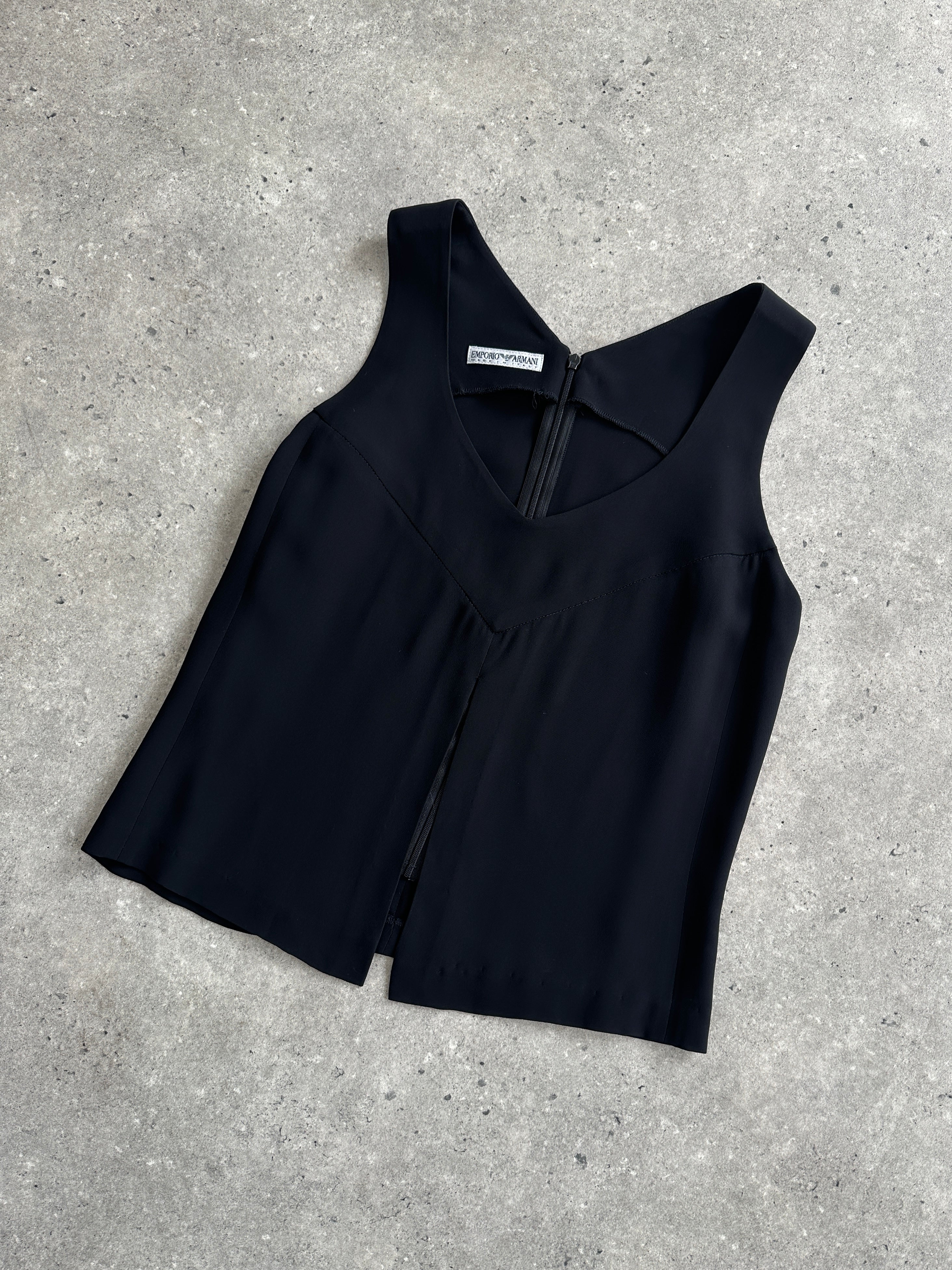 Emporio Armani split front tank top in XS, black sleeveless top with stylish front slit detail, perfect for casual wear.