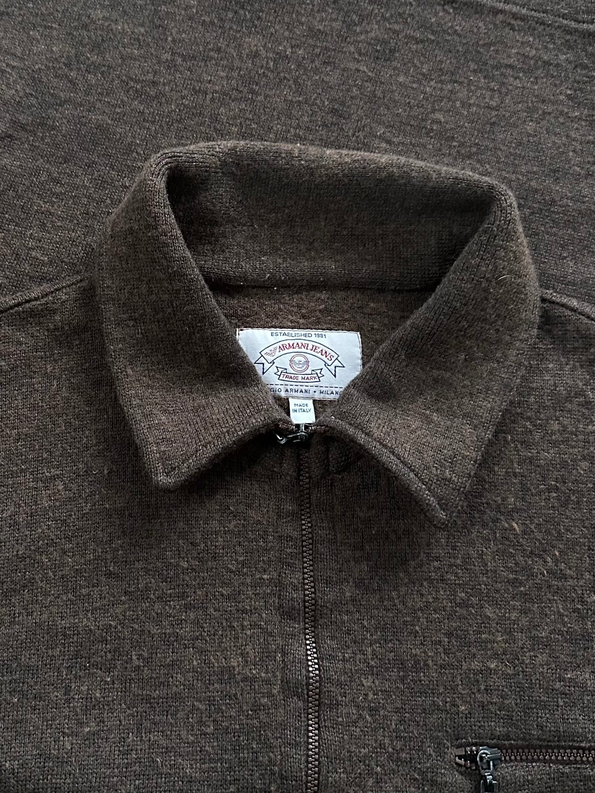 Armani Jeans 1990s wool quarter zip jumper in size L, featuring a cozy knit design and classic style.