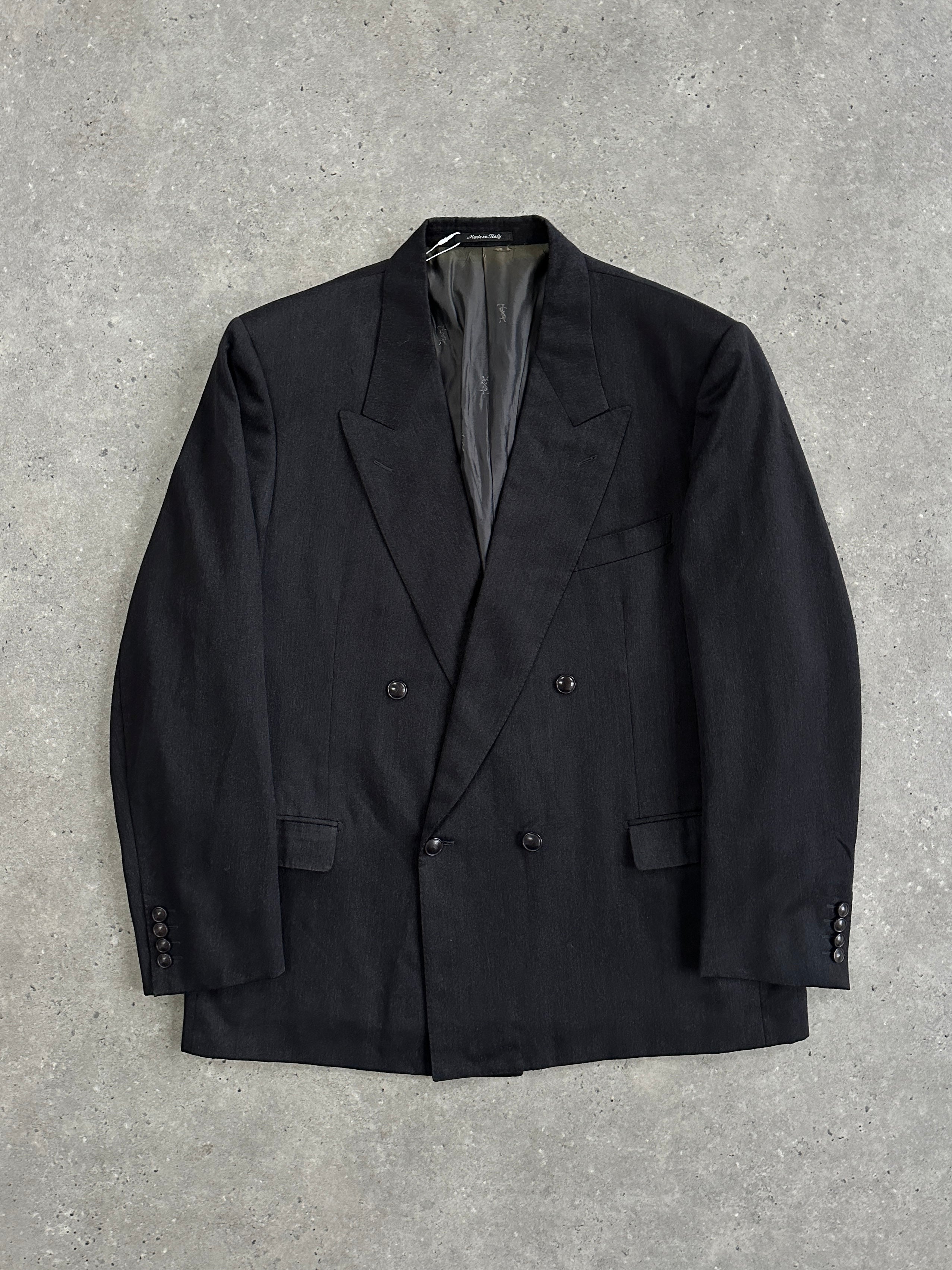 Yves Saint Laurent 80s pure wool bespoke button blazer in size 46R/XL, showing classic tailored fit and navy blue fabric.