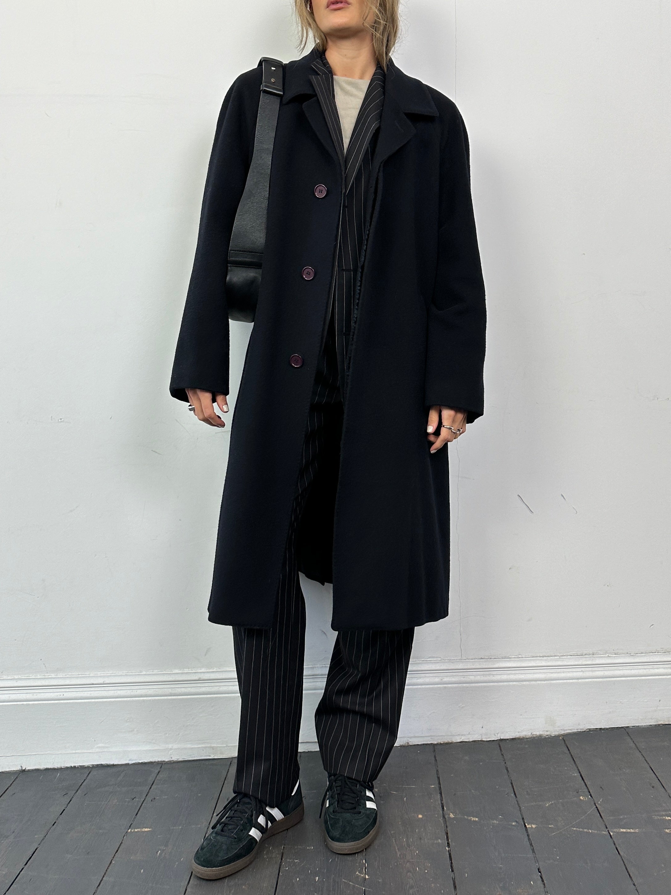 Vintage Italian vintage wool cashmere coat with concealed placket, L/XL size, showcasing classic design and textured fabric.