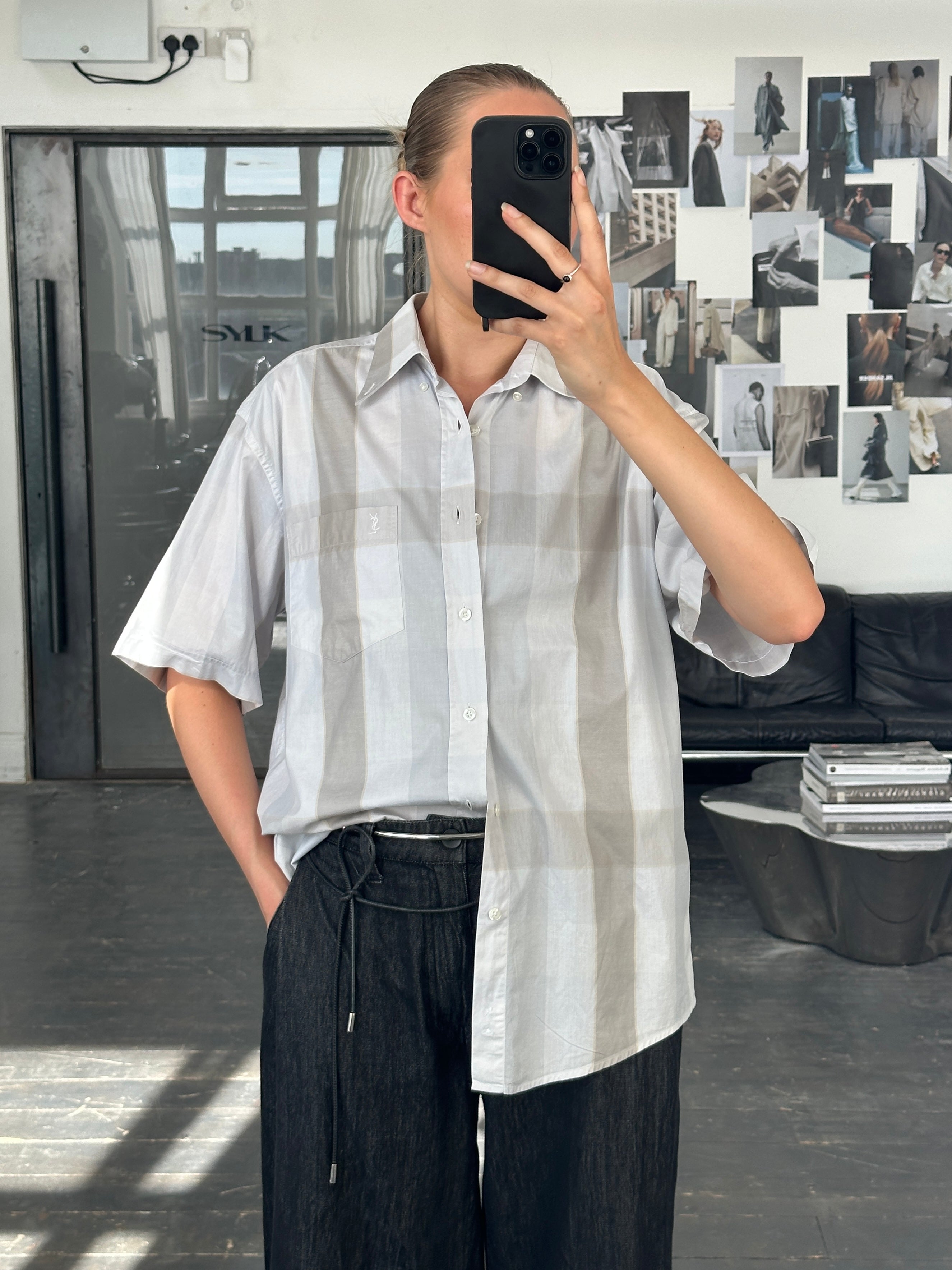 Yves Saint Laurent Pour Homme 1990s cotton check short sleeve logo shirt in XL with classic check pattern and YSL branding.