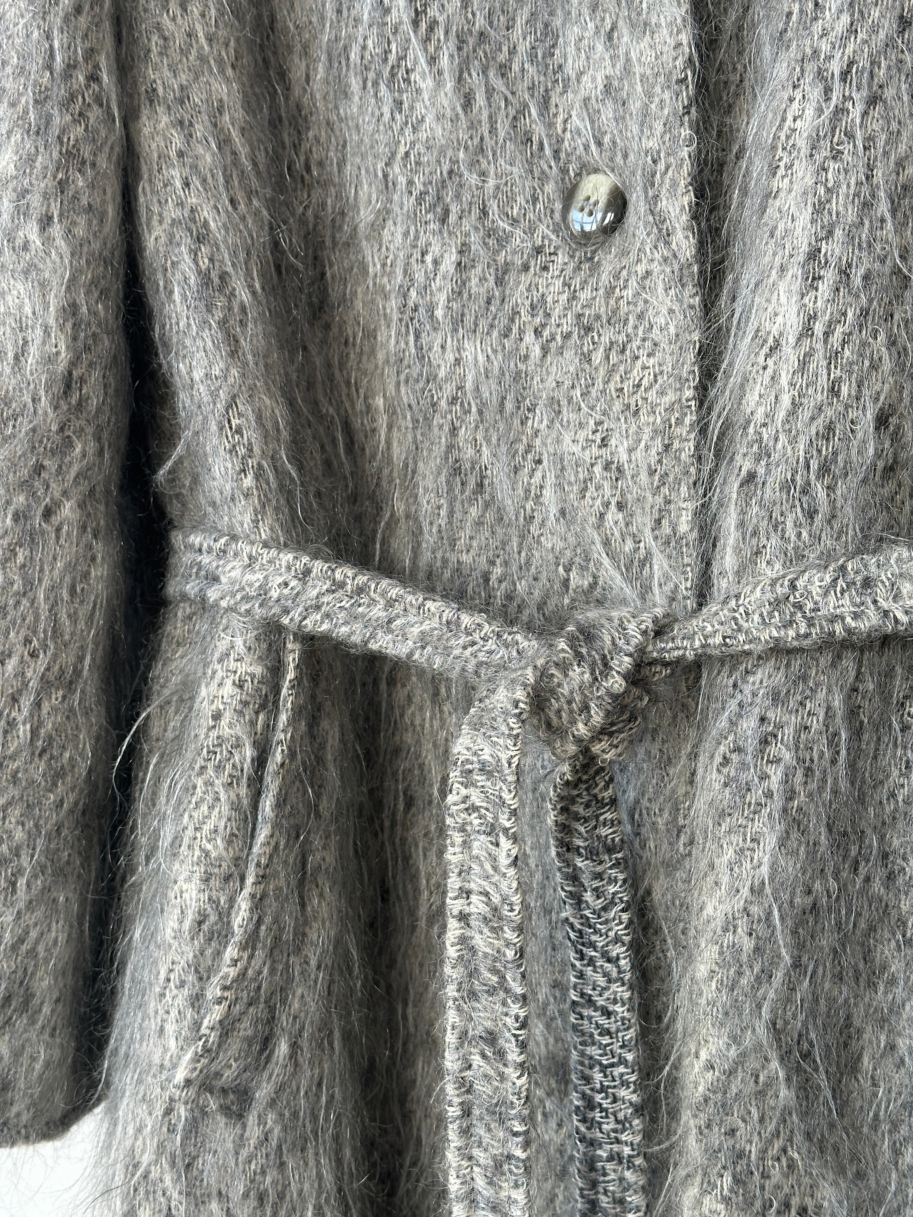 Jaeger mohair wool fuzzy belted coat in size large, featuring a soft texture and stylish design, perfect for cold weather.