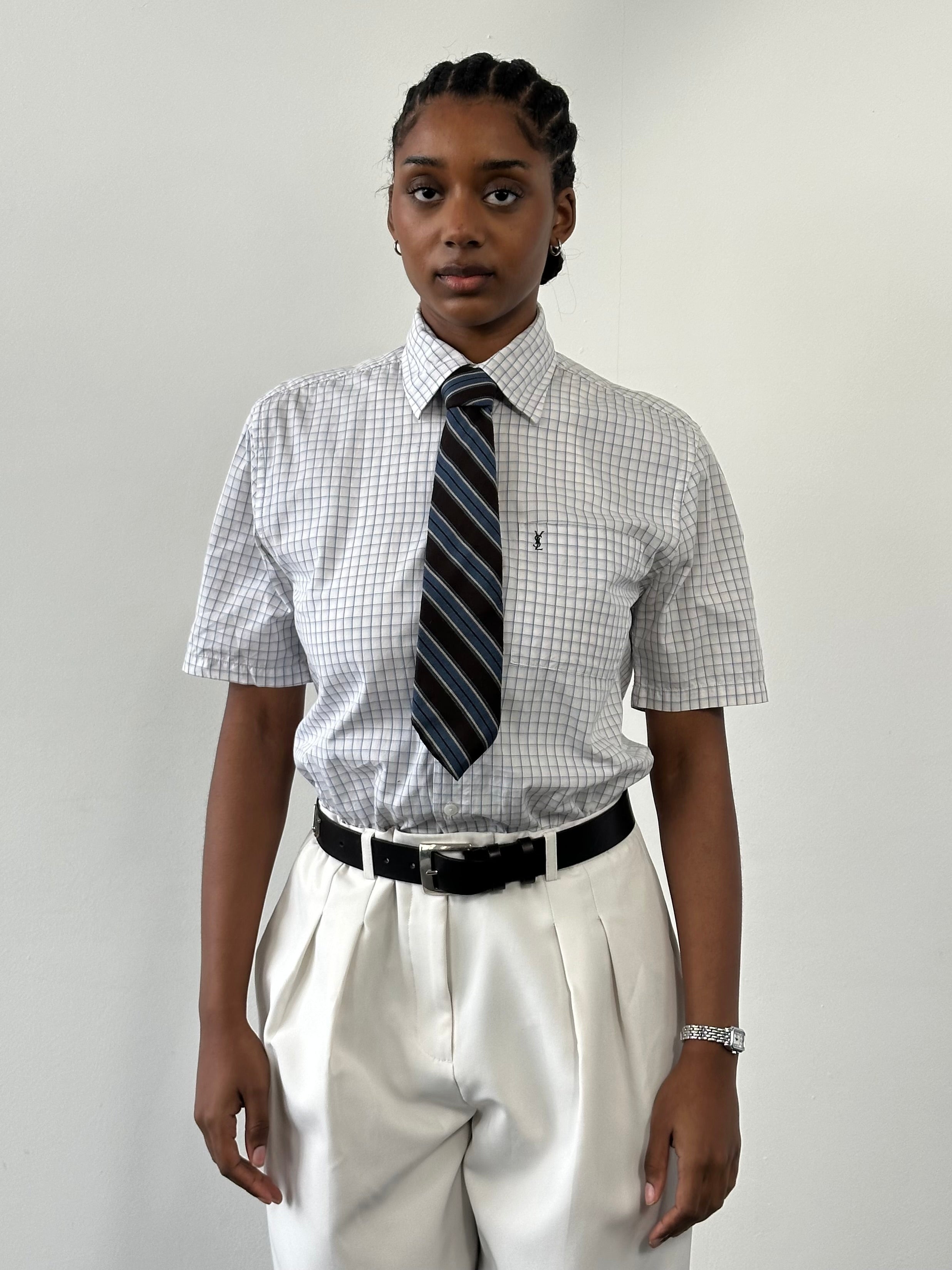 Yves Saint Laurent Pour Homme 1990s pure cotton check short sleeve shirt in size S, featuring a classic pattern and casual fit.