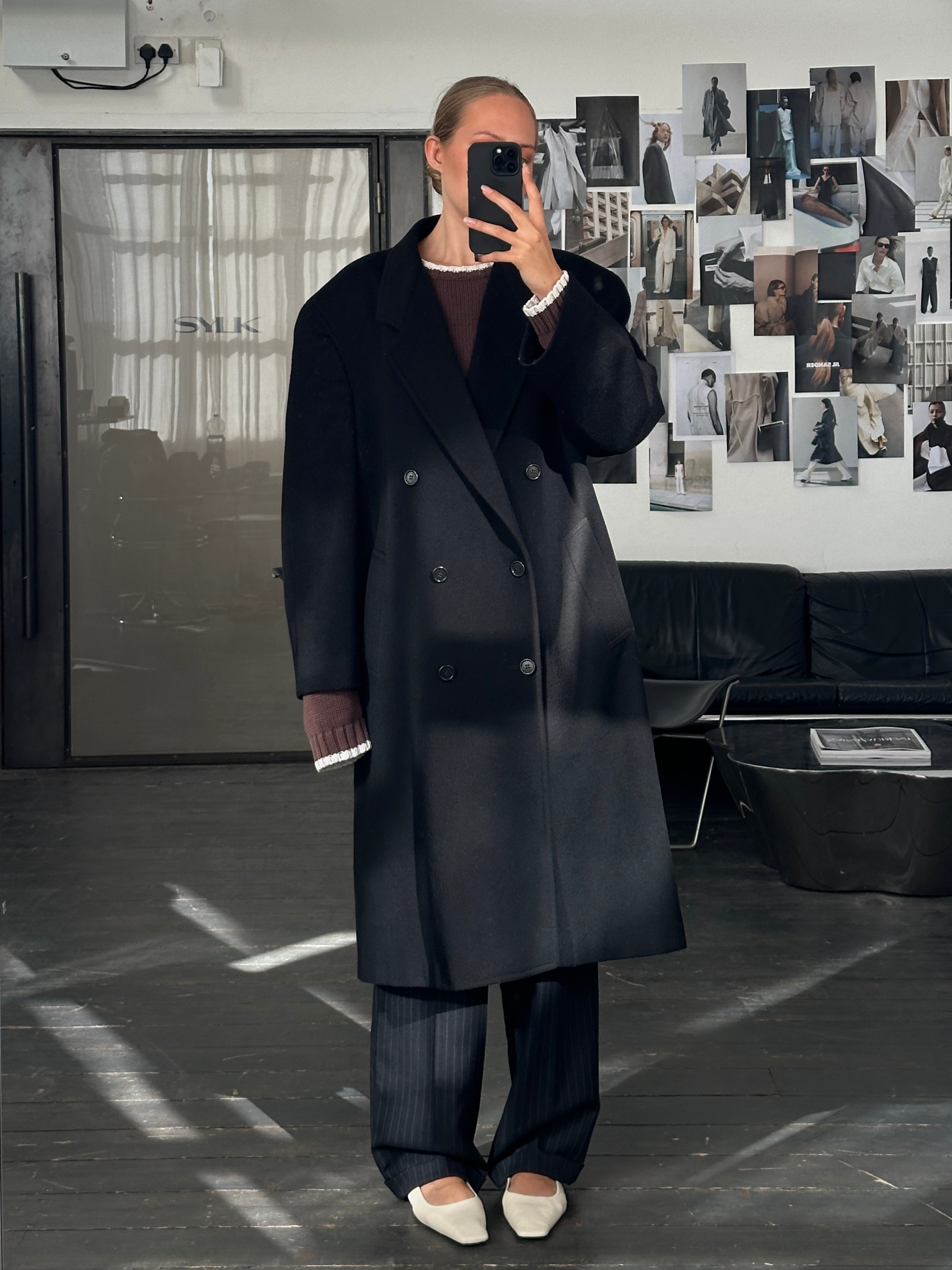 Pierre Cardin 1990s double-breasted pure wool coat in XXL, shown hanging with classic design and tailored fit.