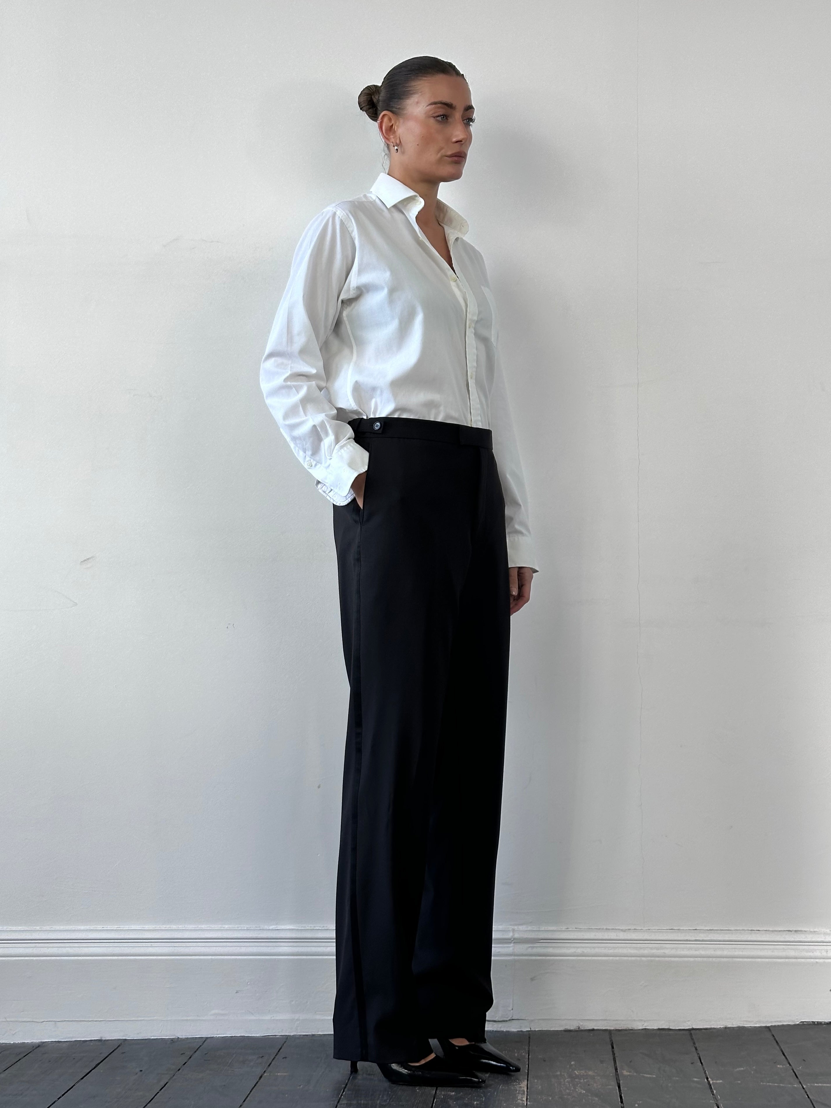 Balmain pure wool tailored tuxedo trousers in size W30-32, featuring a sleek fit and classic black design.