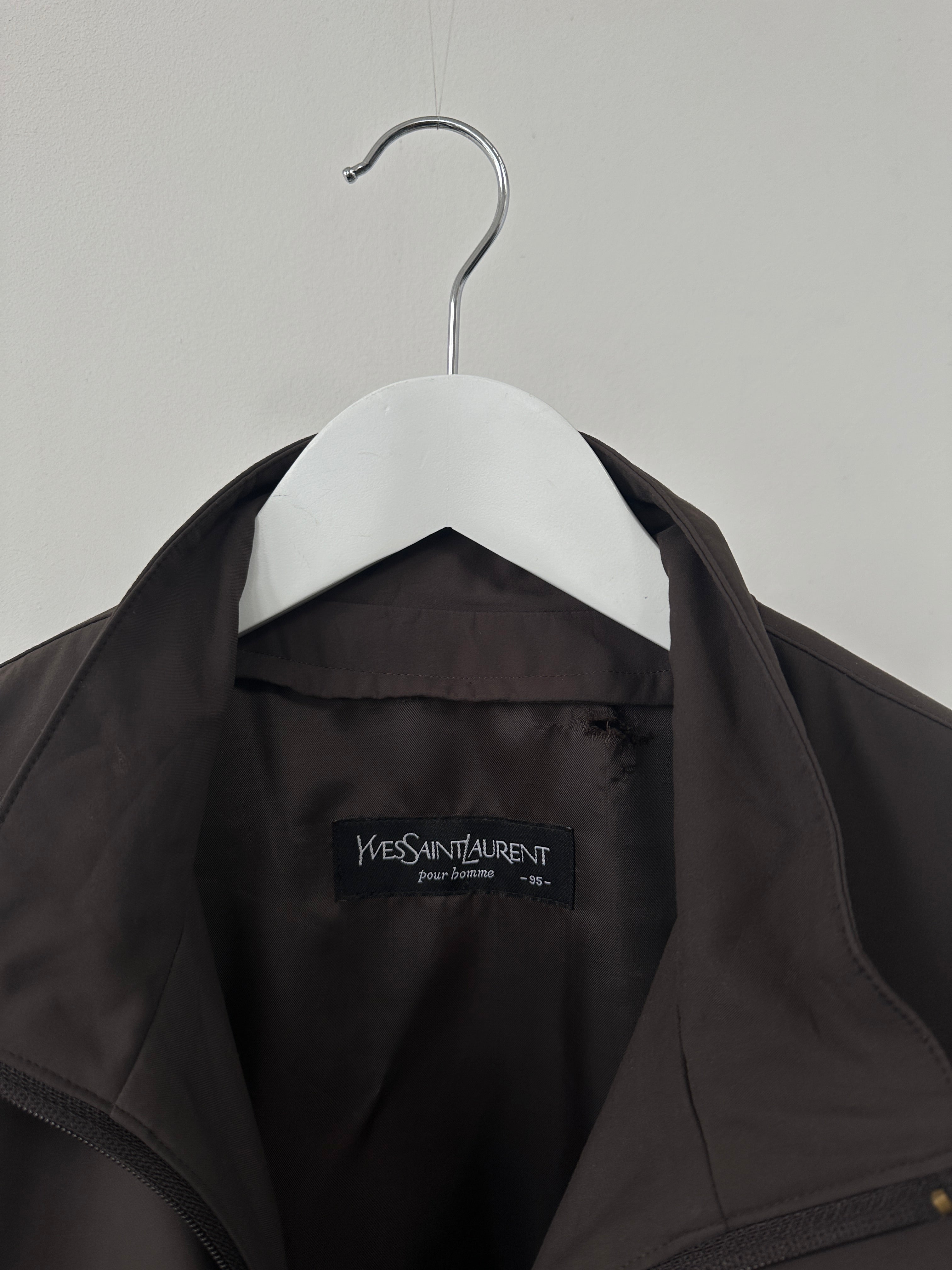Yves Saint Laurent Pour Homme logo bomber jacket in black, featuring a front zipper, ribbed cuffs, and classic style.