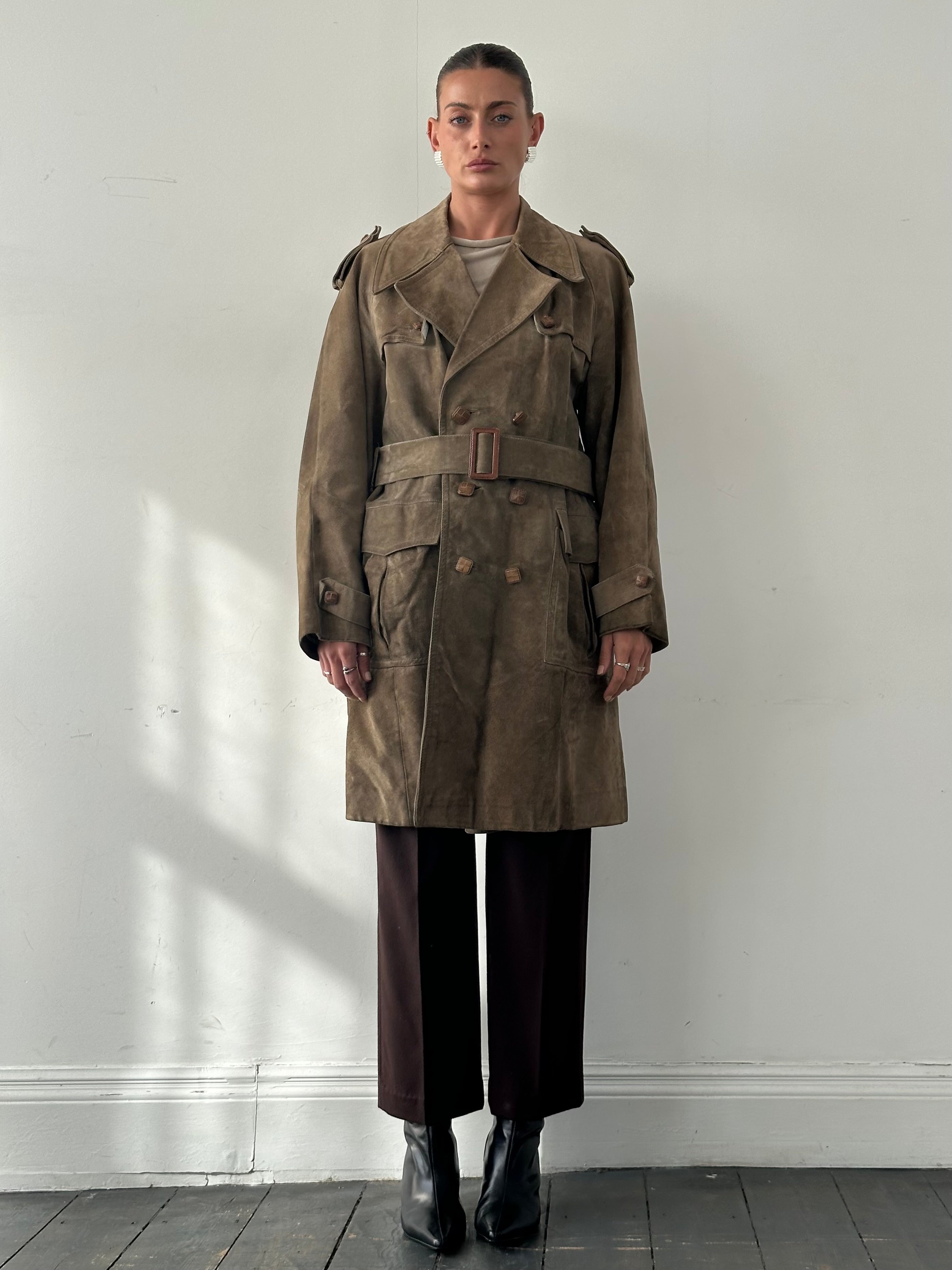Vintage pure suede belted trench coat in XL size, stylish and classic, shown on a hanger with detailed suede texture.