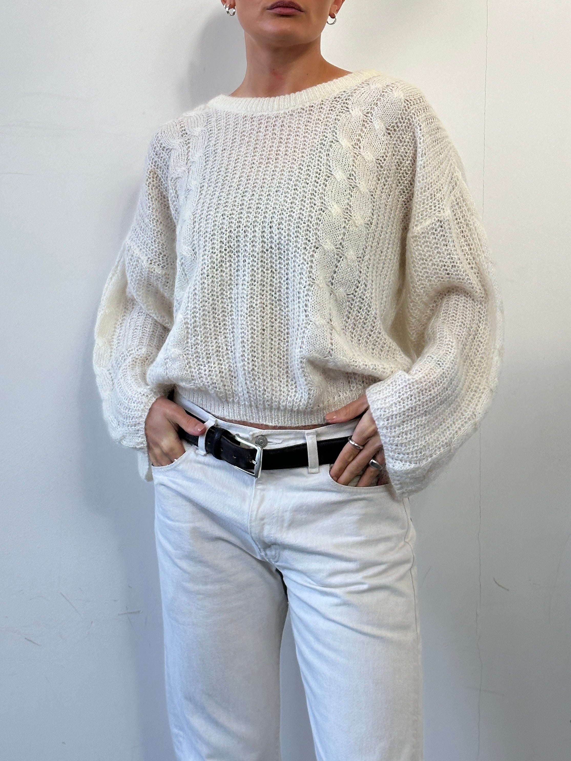 Vintage mohair open cable knit jumper in size M, soft textured sweater with cable pattern and relaxed fit.